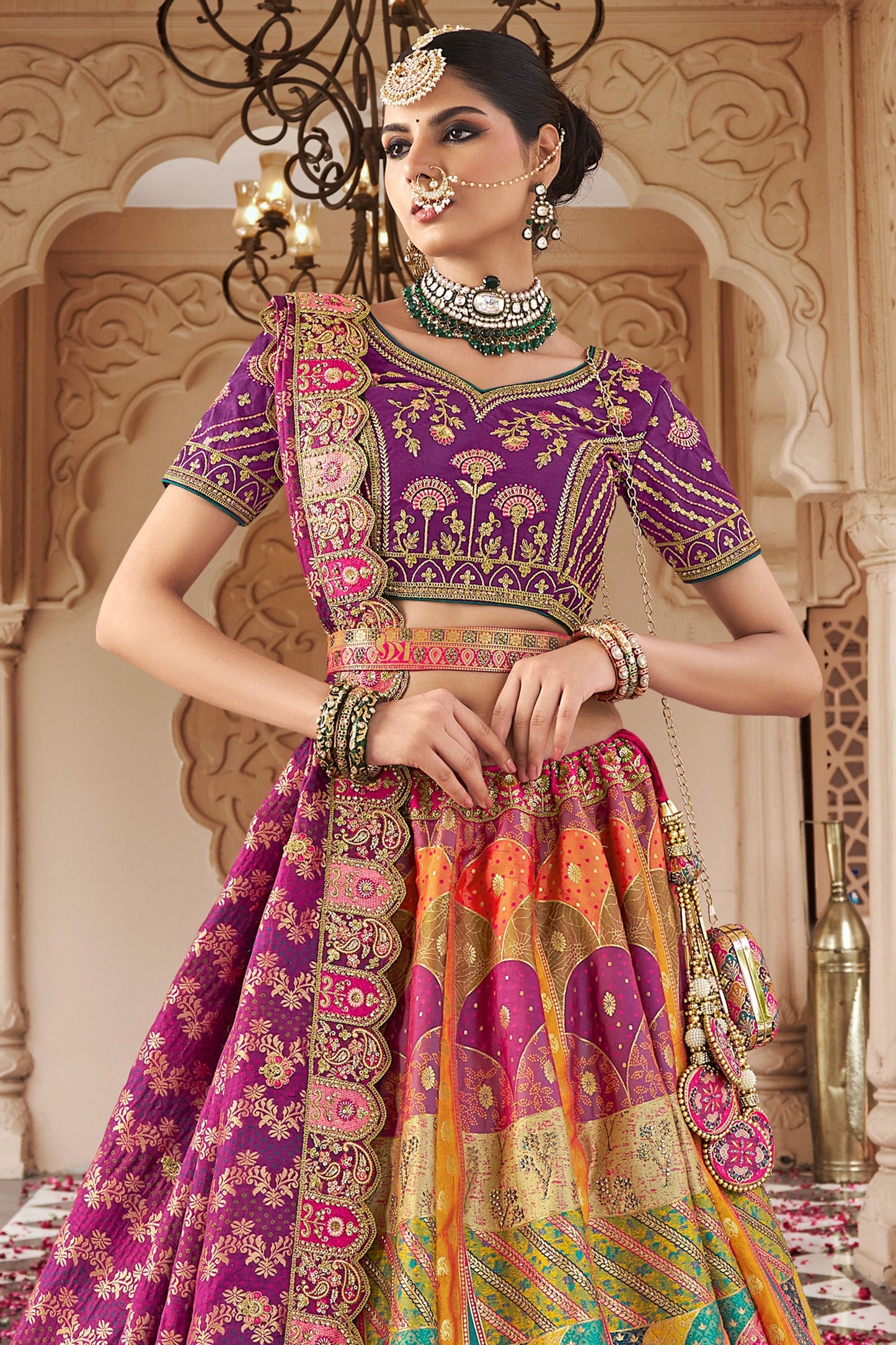 Multicolor Semi-Stitched Banarasi Silk Lehenga-SAR10441_4_SareeButa.com