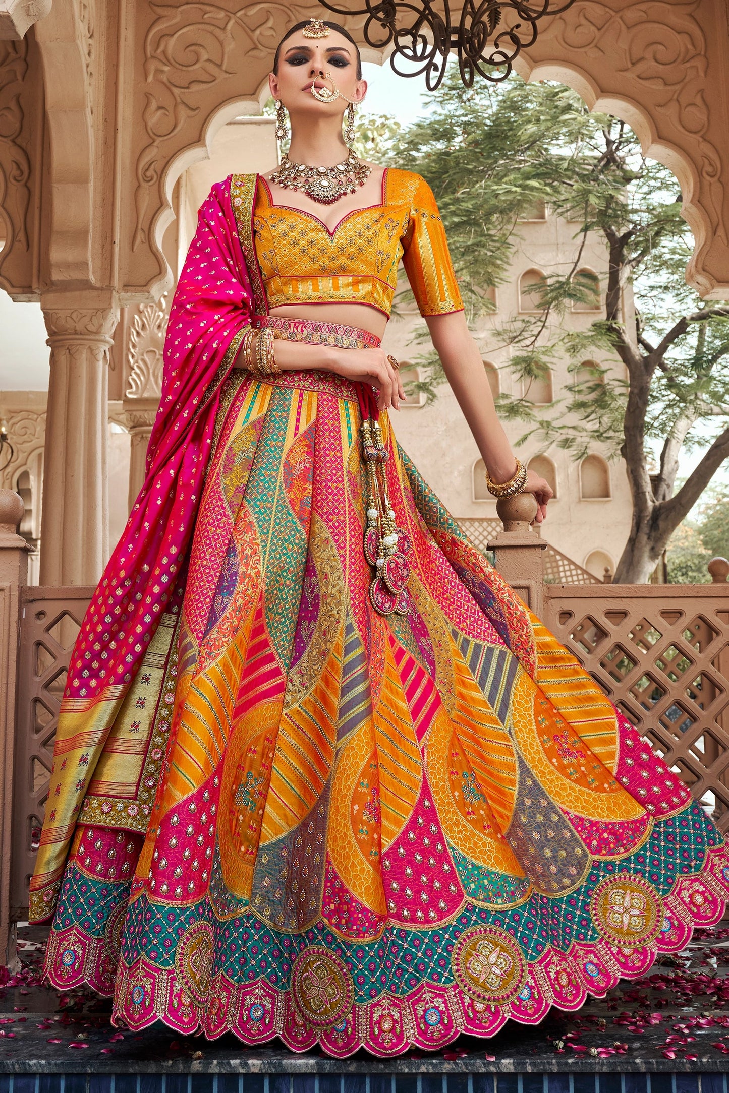 Multicolor Semi-Stitched Banarasi Silk Lehenga-SAR10443_1_SareeButa.com