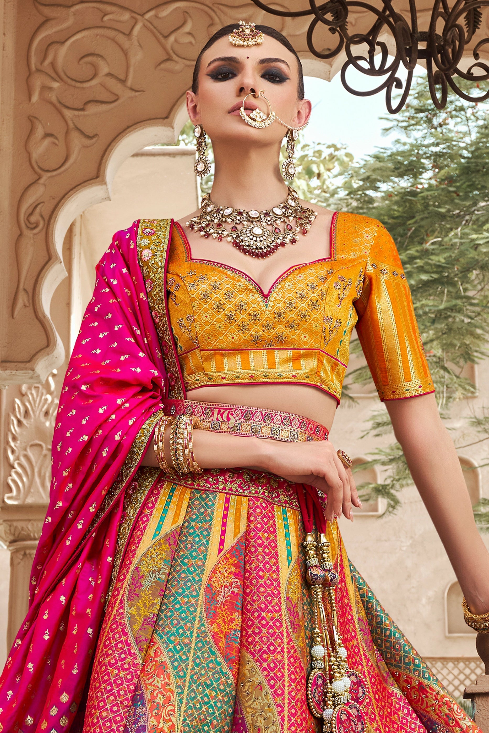 Multicolor Semi-Stitched Banarasi Silk Lehenga-SAR10443_4_SareeButa.com
