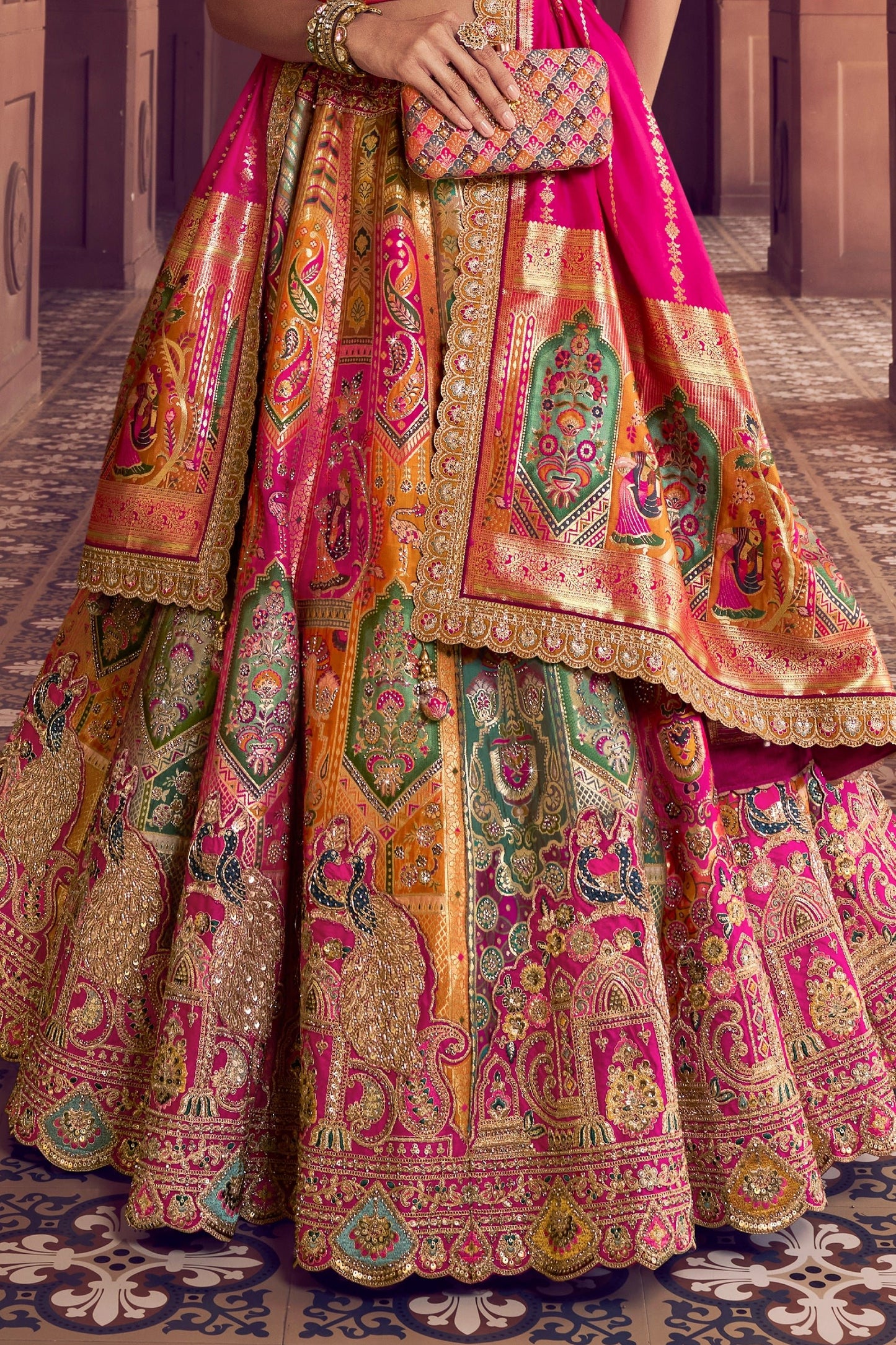 Multicolor Semi-Stitched Banarasi Silk Lehenga