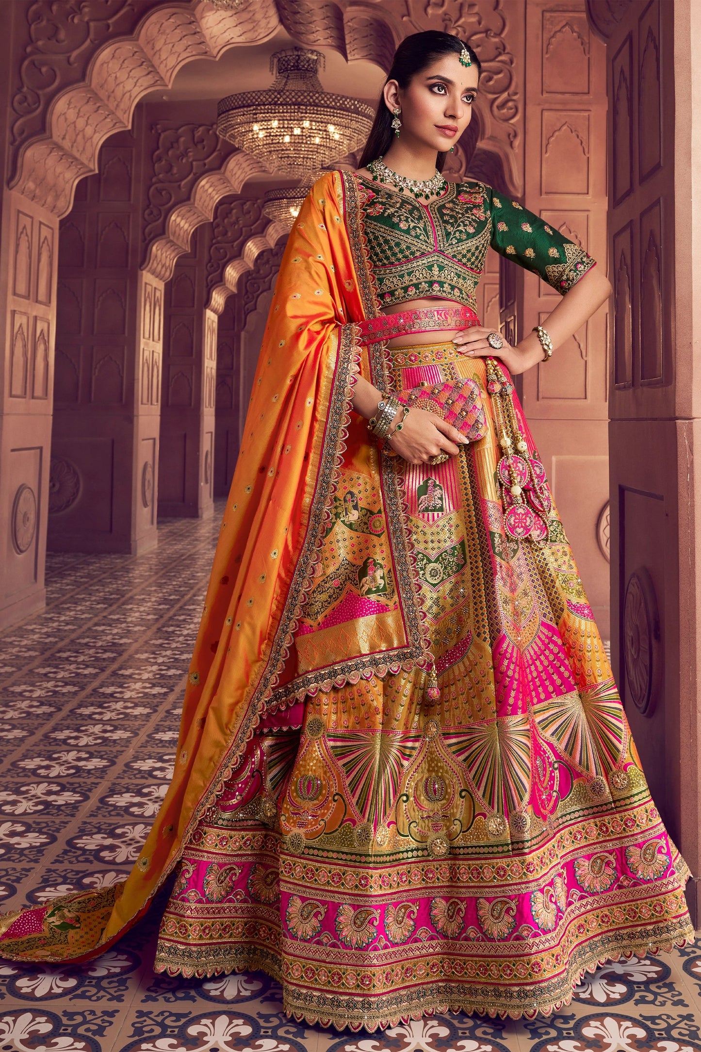 Multicolor Semi-Stitched Banarasi Silk Lehenga-SAR11590_1_SareeButa.com