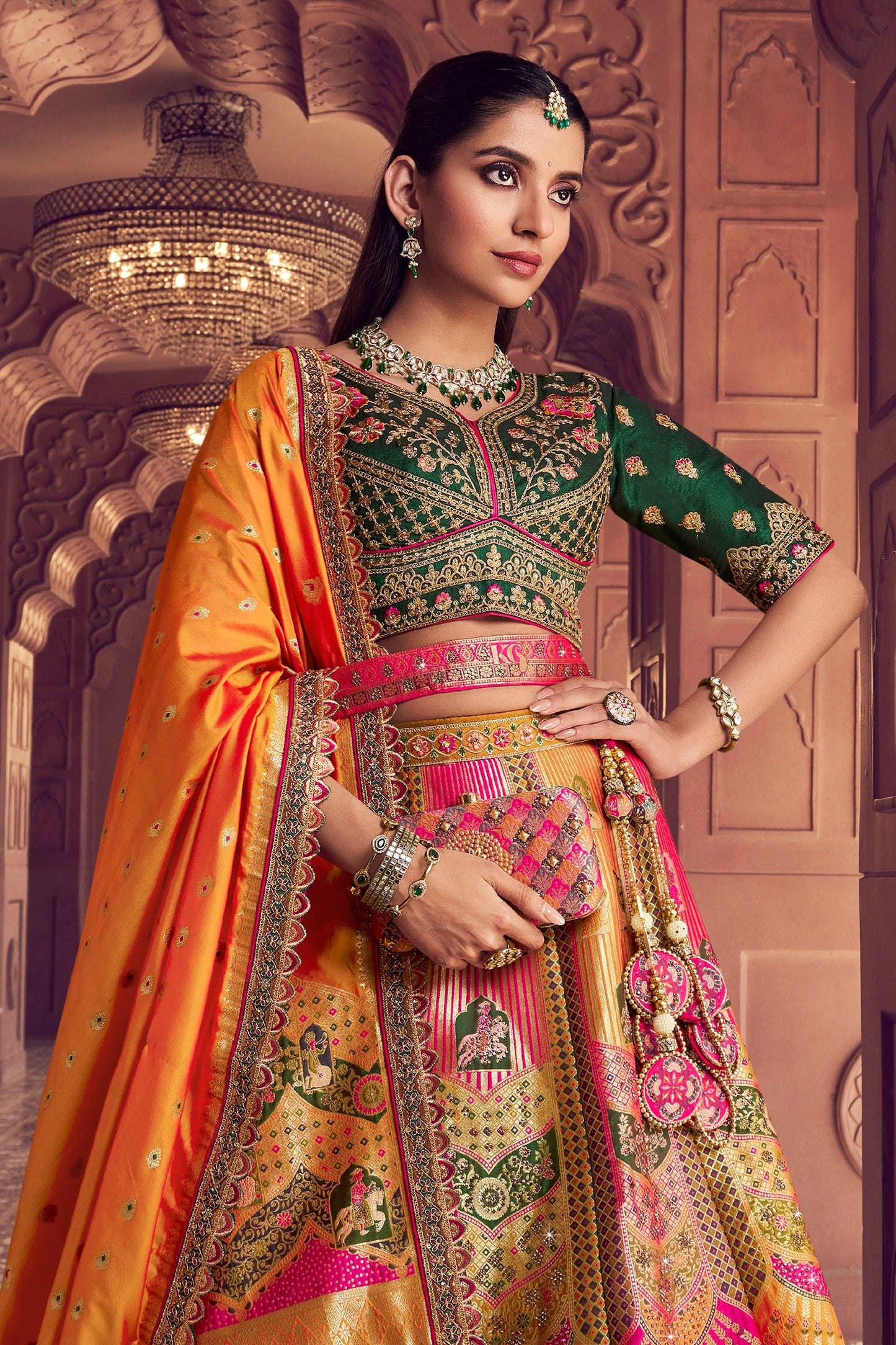 Multicolor Semi-Stitched Banarasi Silk Lehenga