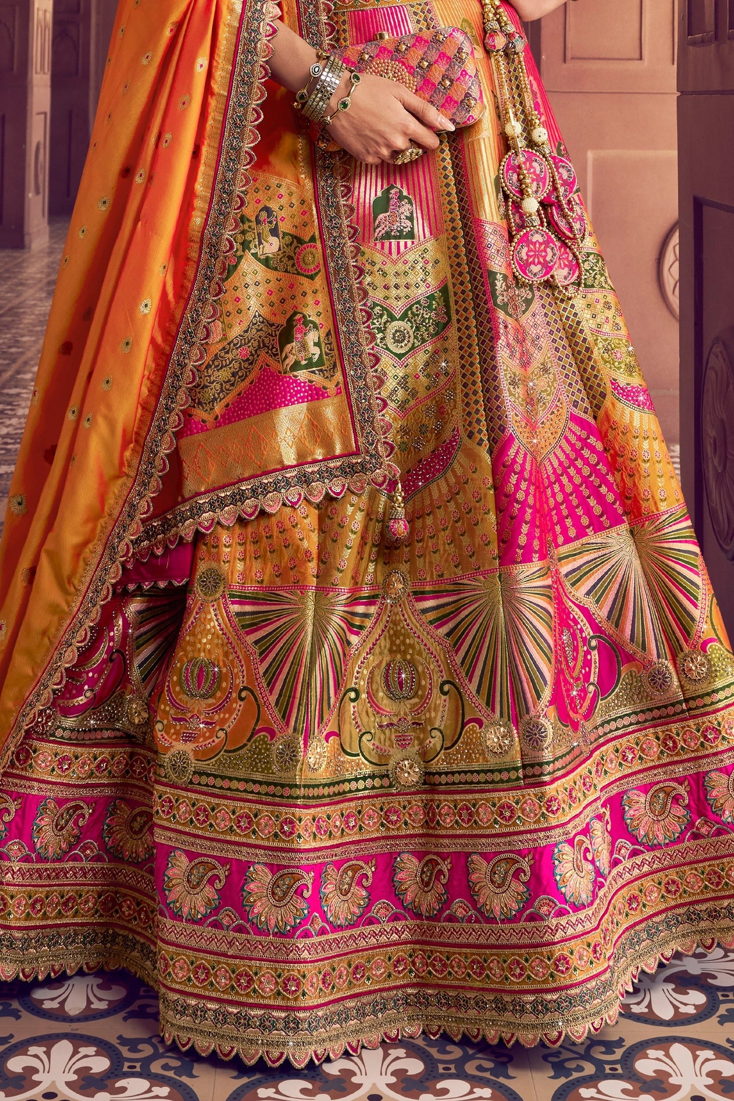 Multicolor Semi-Stitched Banarasi Silk Lehenga