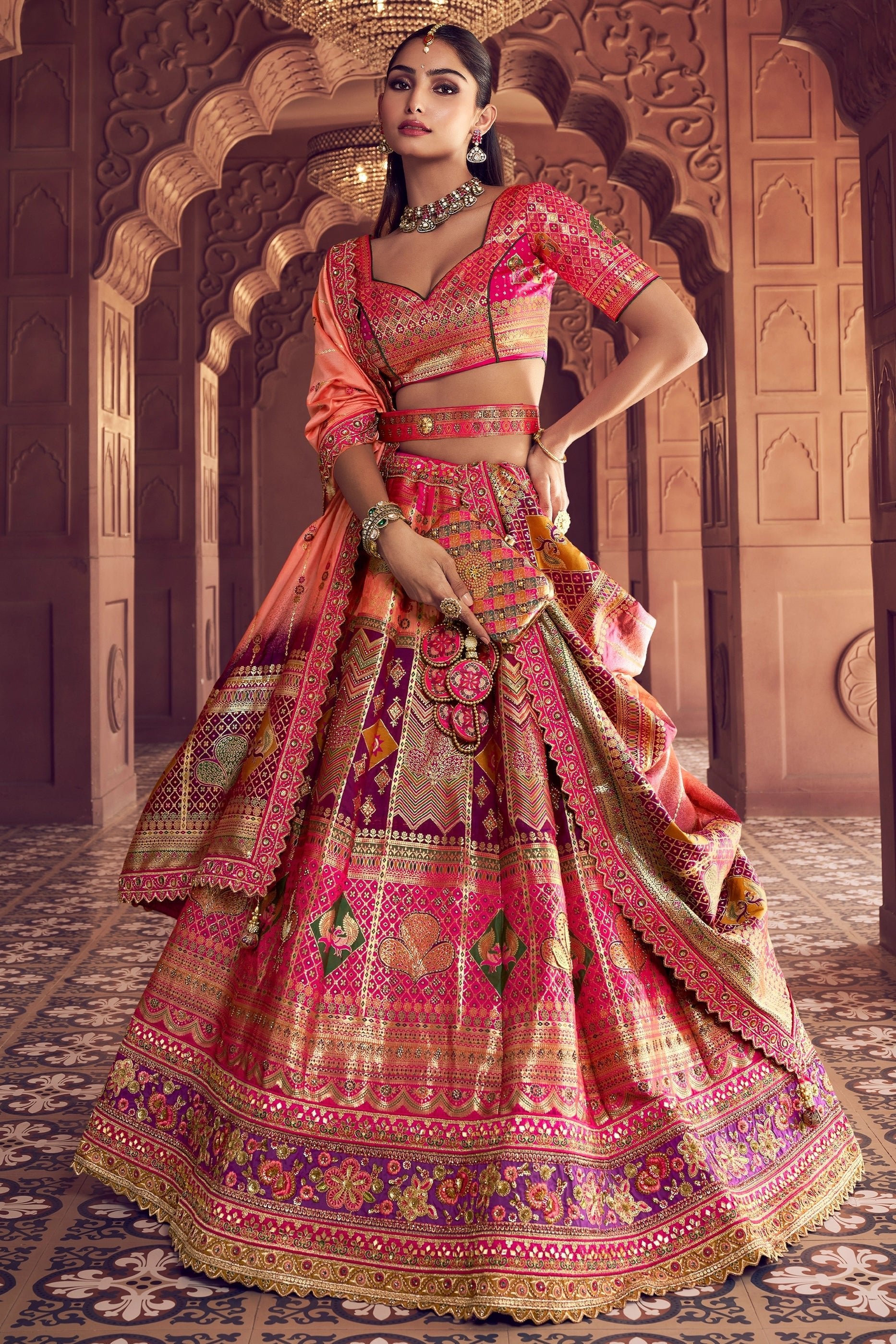 Multicolor Semi-Stitched Banarasi Silk Lehenga-SAR11591_1_SareeButa.com