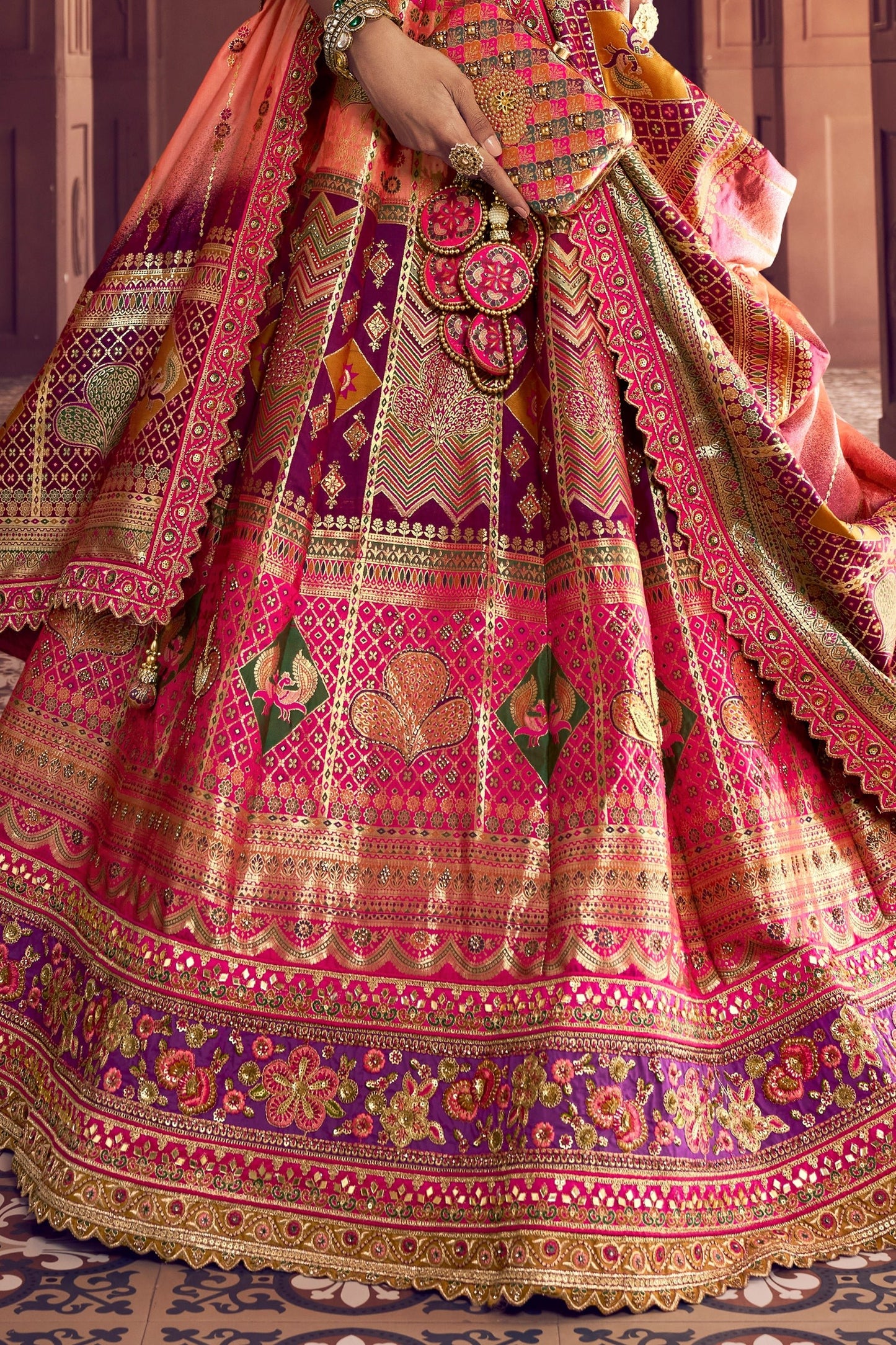 Multicolor Semi-Stitched Banarasi Silk Lehenga