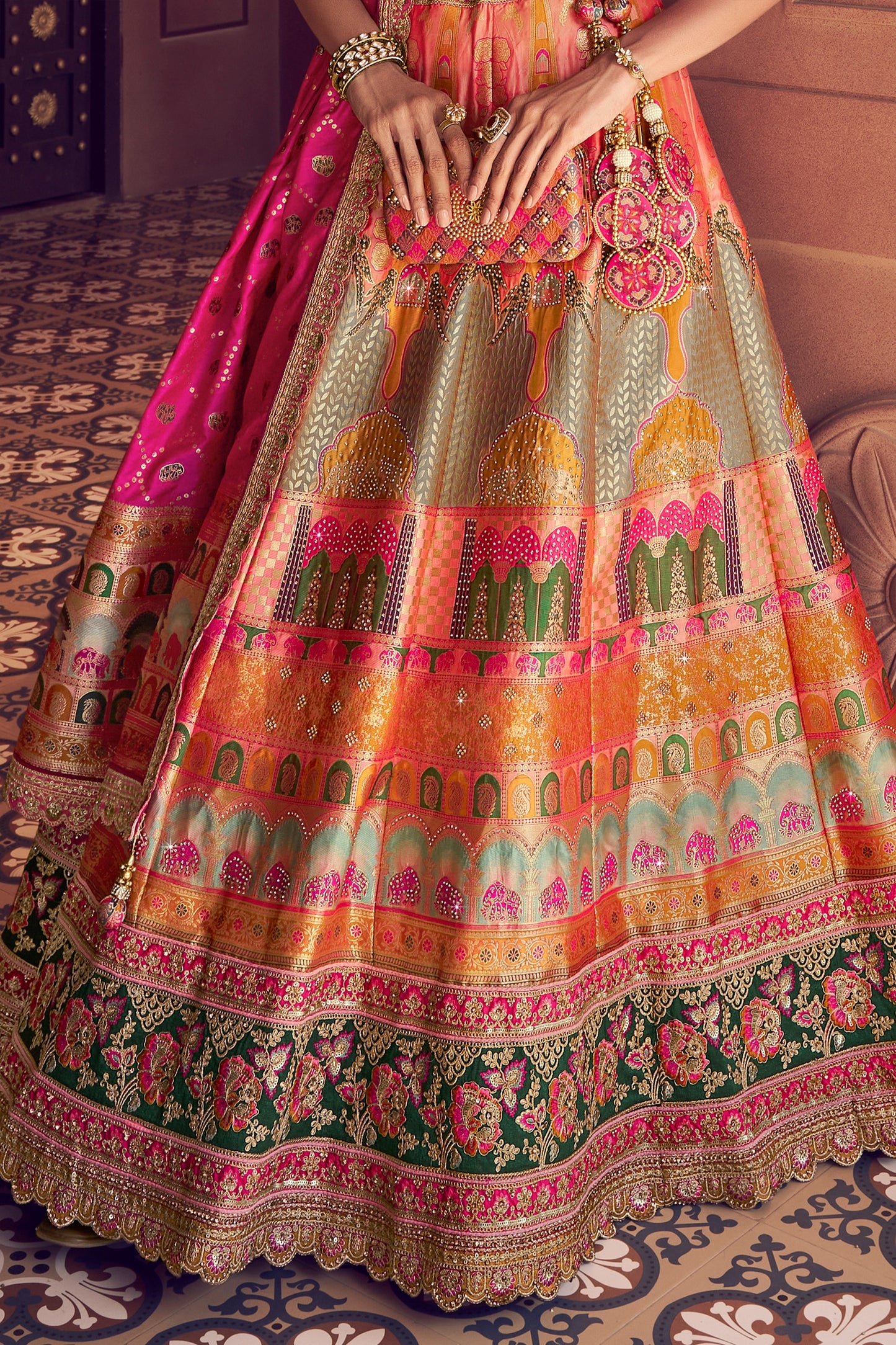 Multicolor Semi-Stitched Banarasi Silk Lehenga