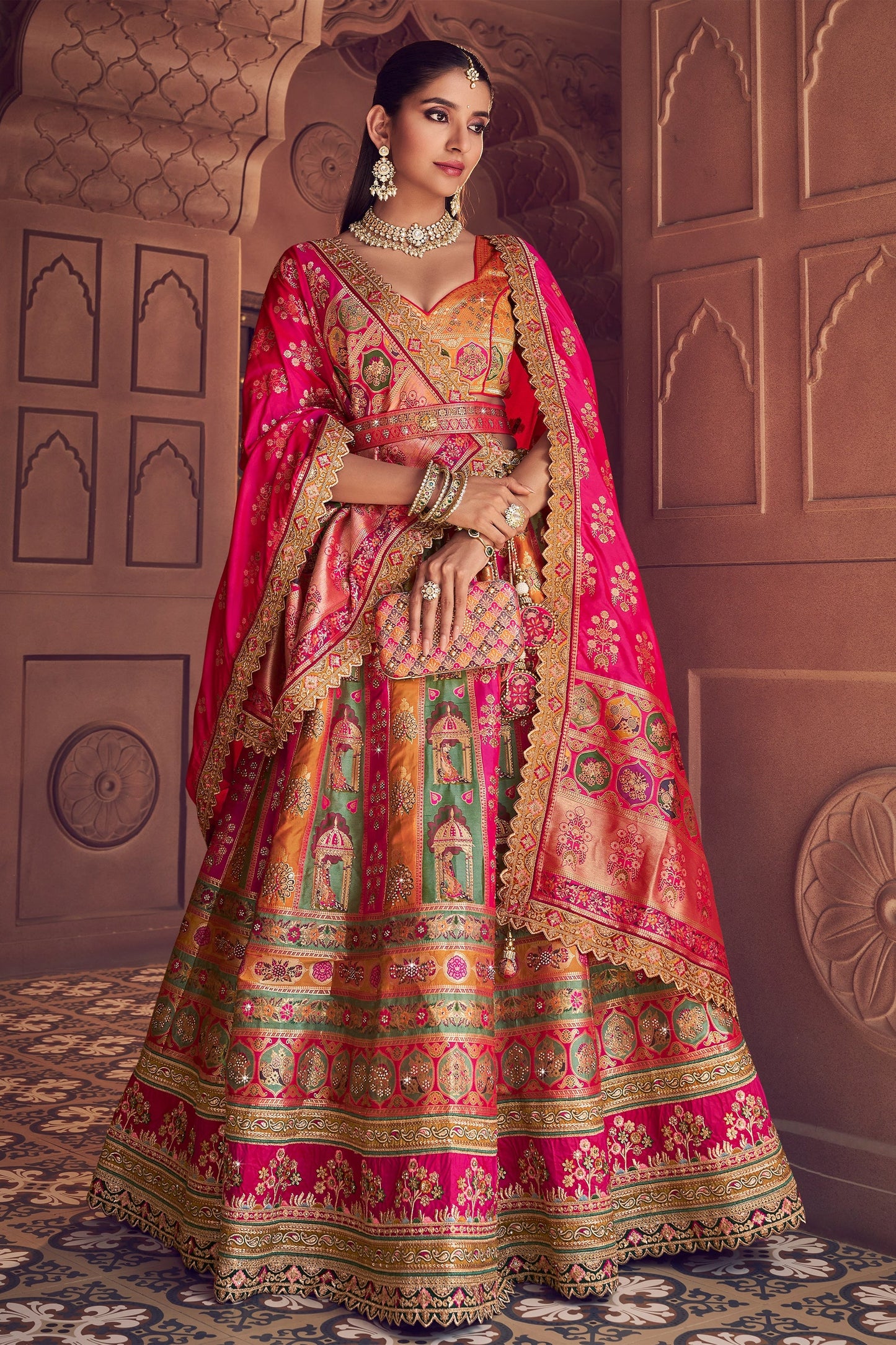 Multicolor Semi-Stitched Banarasi Silk Lehenga-SAR11594_1_SareeButa.com