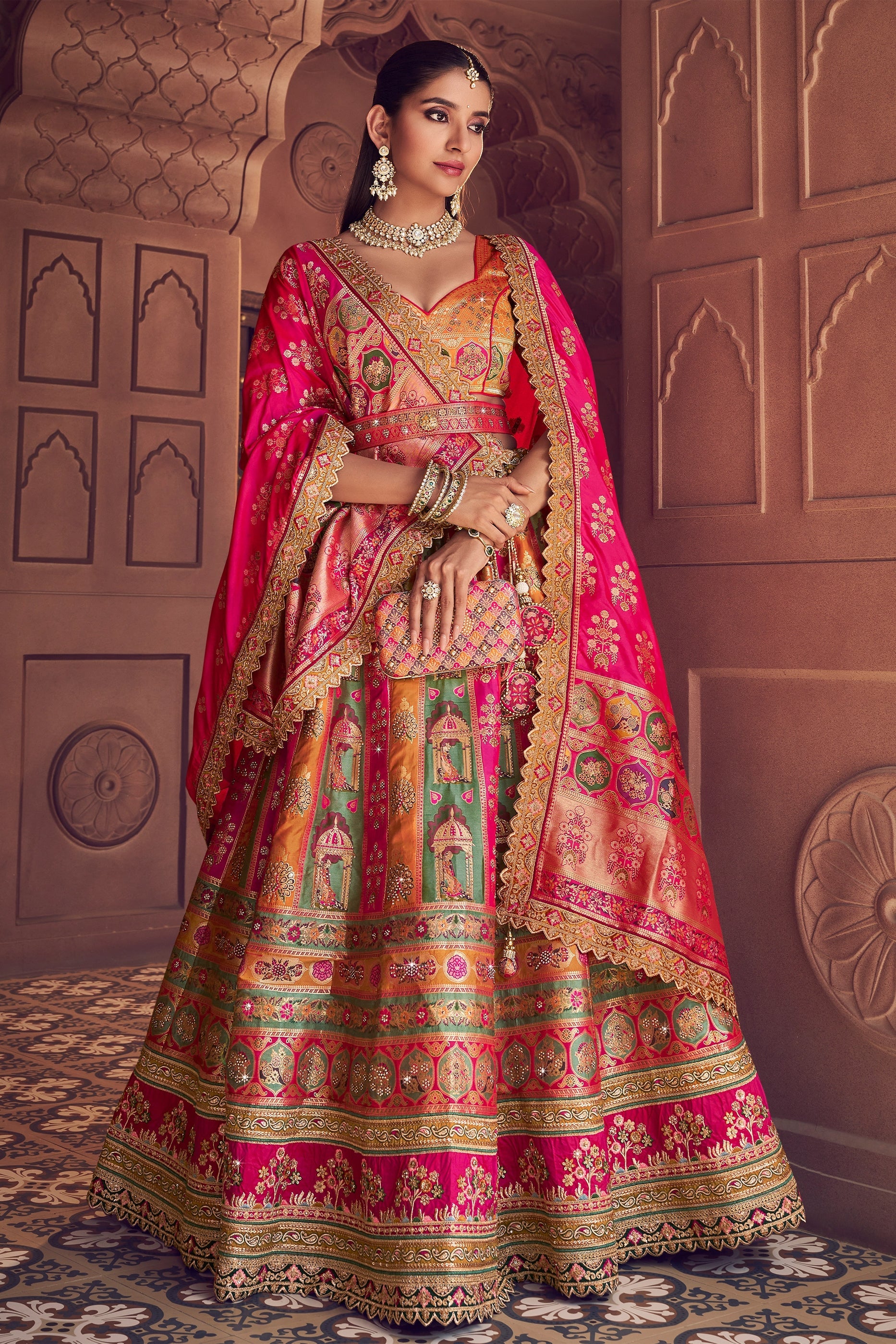 Multicolor Semi-Stitched Banarasi Silk Lehenga-SAR11594_1_SareeButa.com