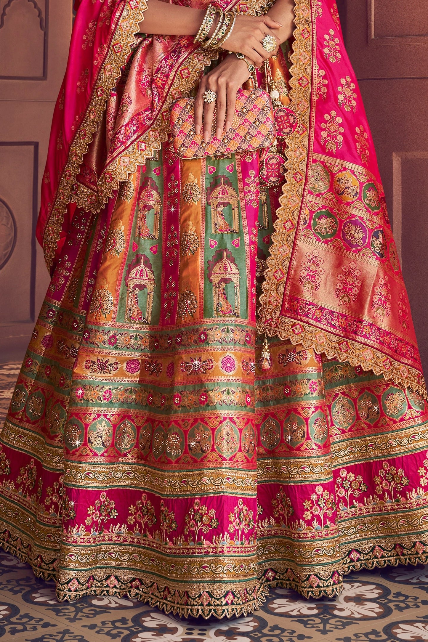 Multicolor Semi-Stitched Banarasi Silk Lehenga