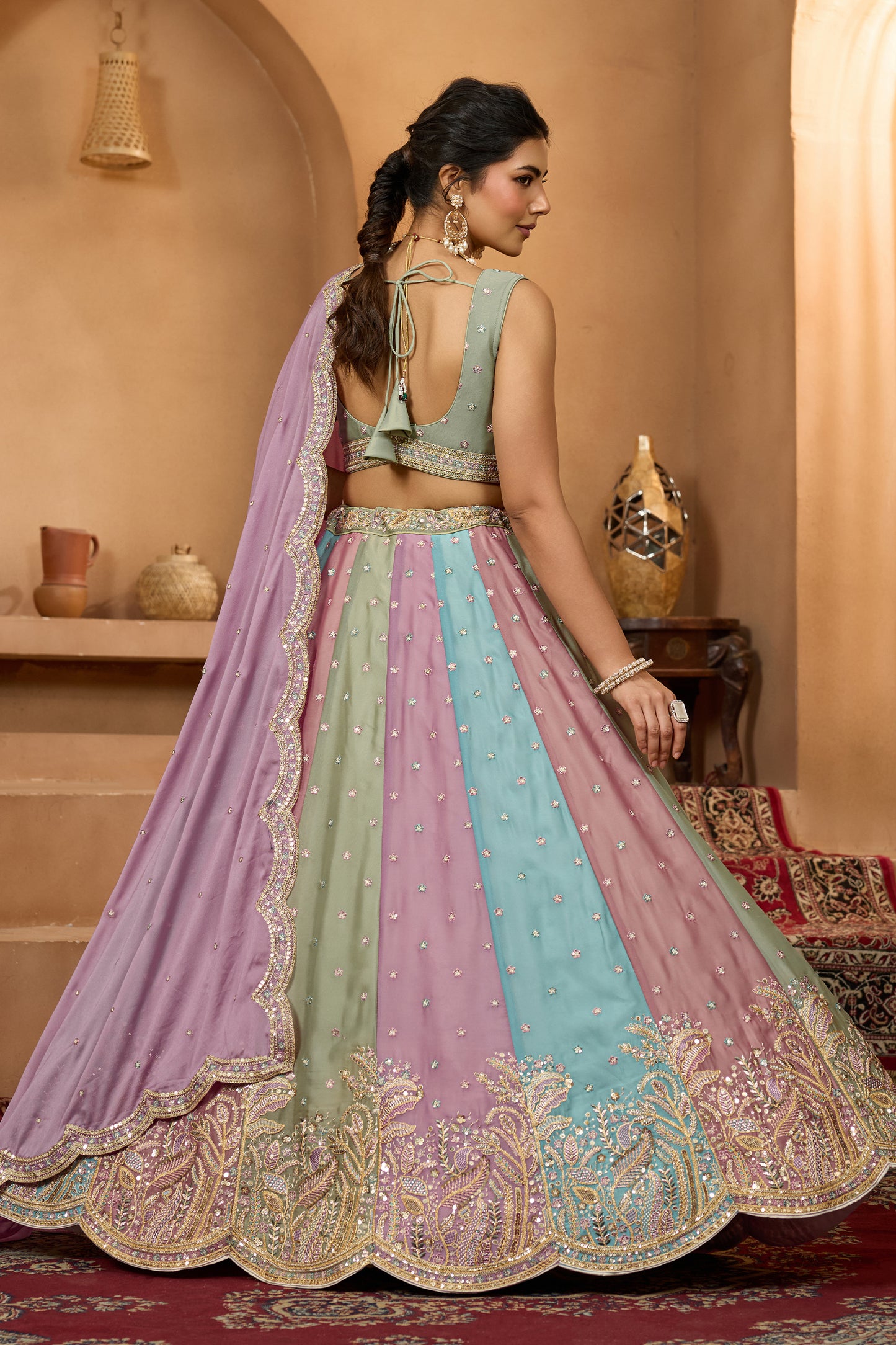 Multicolor Semi-Stitched Embroidered Georgette Lehenga