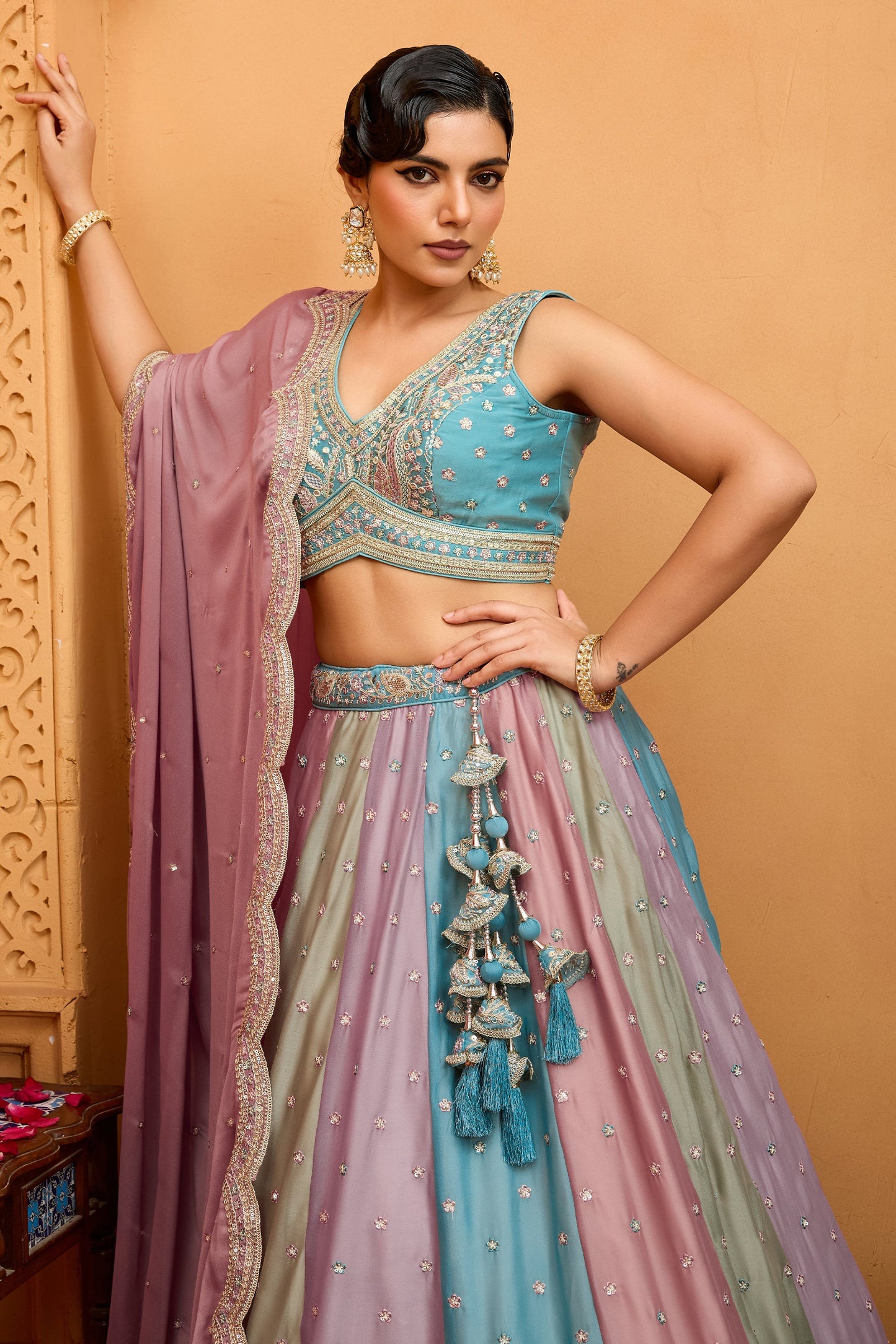 Multicolor Semi-Stitched Embroidered Georgette Lehenga-SAR10707_3_SareeButa.com