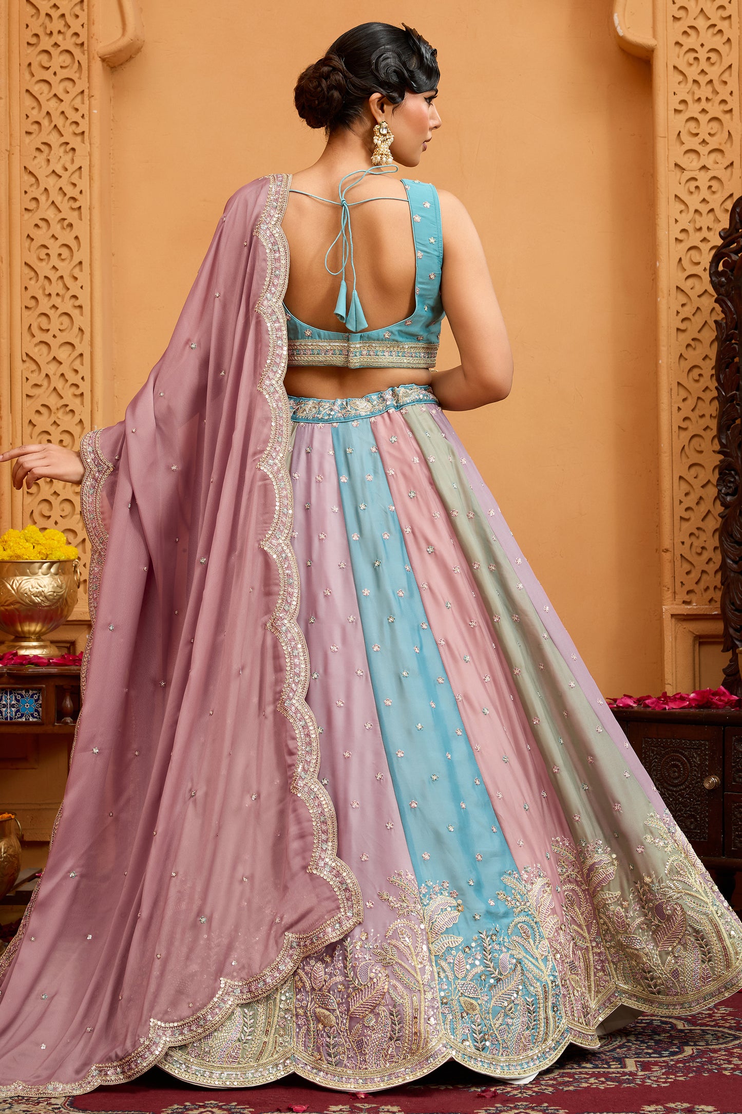 Multicolor Semi-Stitched Embroidered Georgette Lehenga