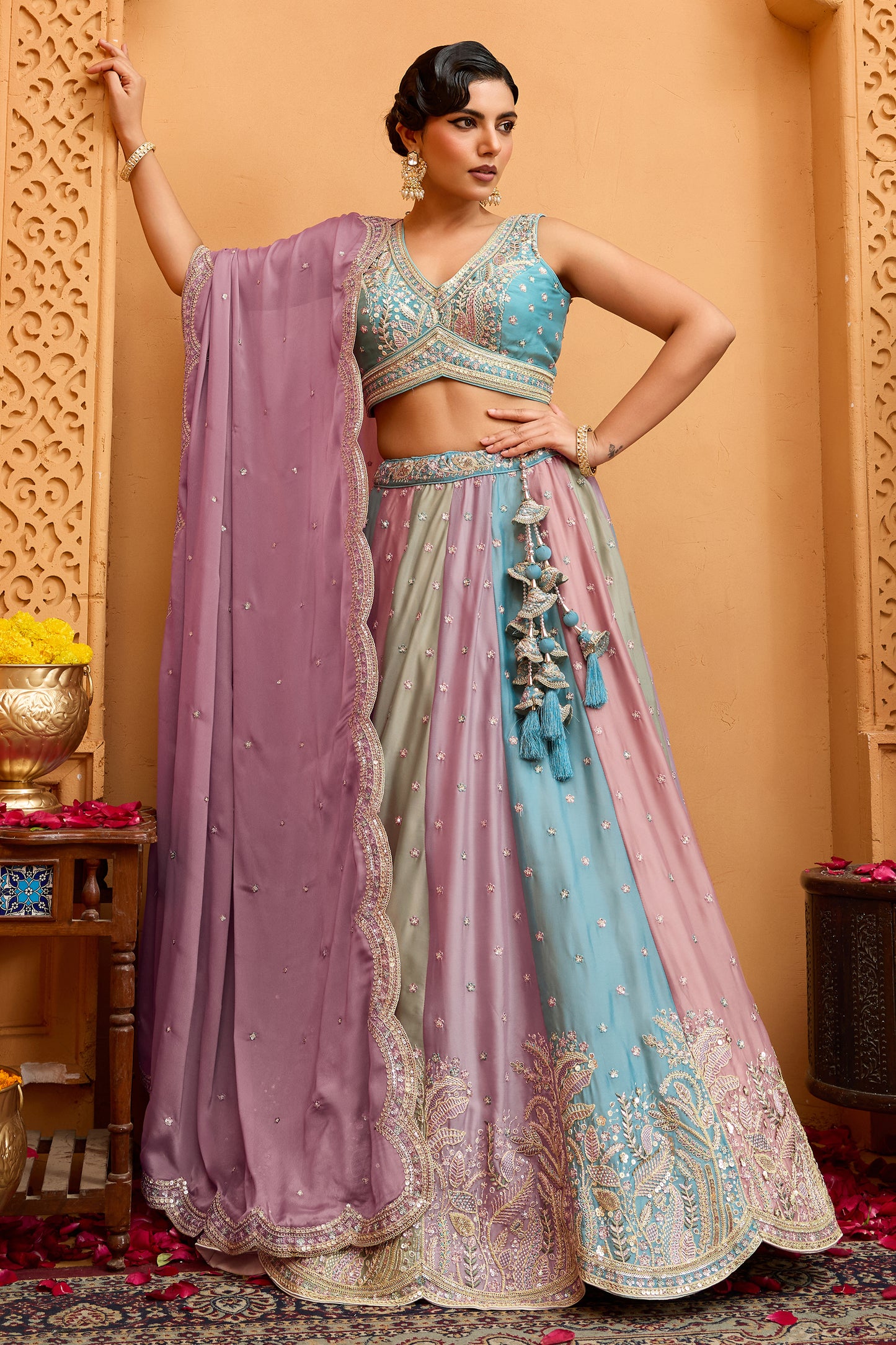 Multicolor Semi-Stitched Embroidered Georgette Lehenga