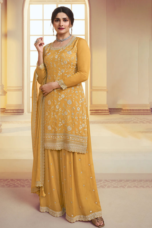 Mustard Embroiderd Chinon Palazzo Suit-ZBSS100023_1