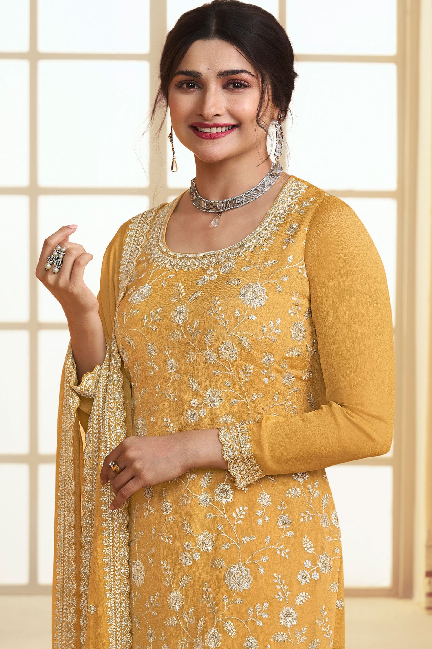 Mustard Embroiderd Chinon Palazzo Suit-ZBSS100023_2