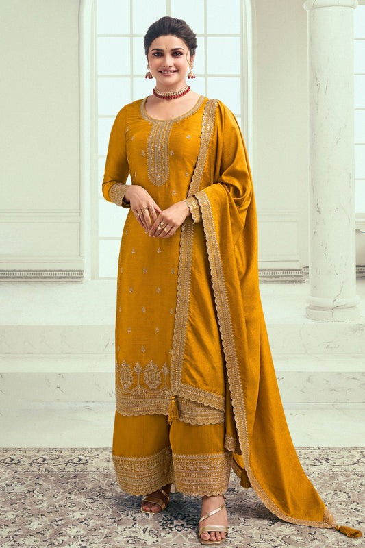 Mustard Embroidered Georgette Palazzo Suit-ZBSS100011_1