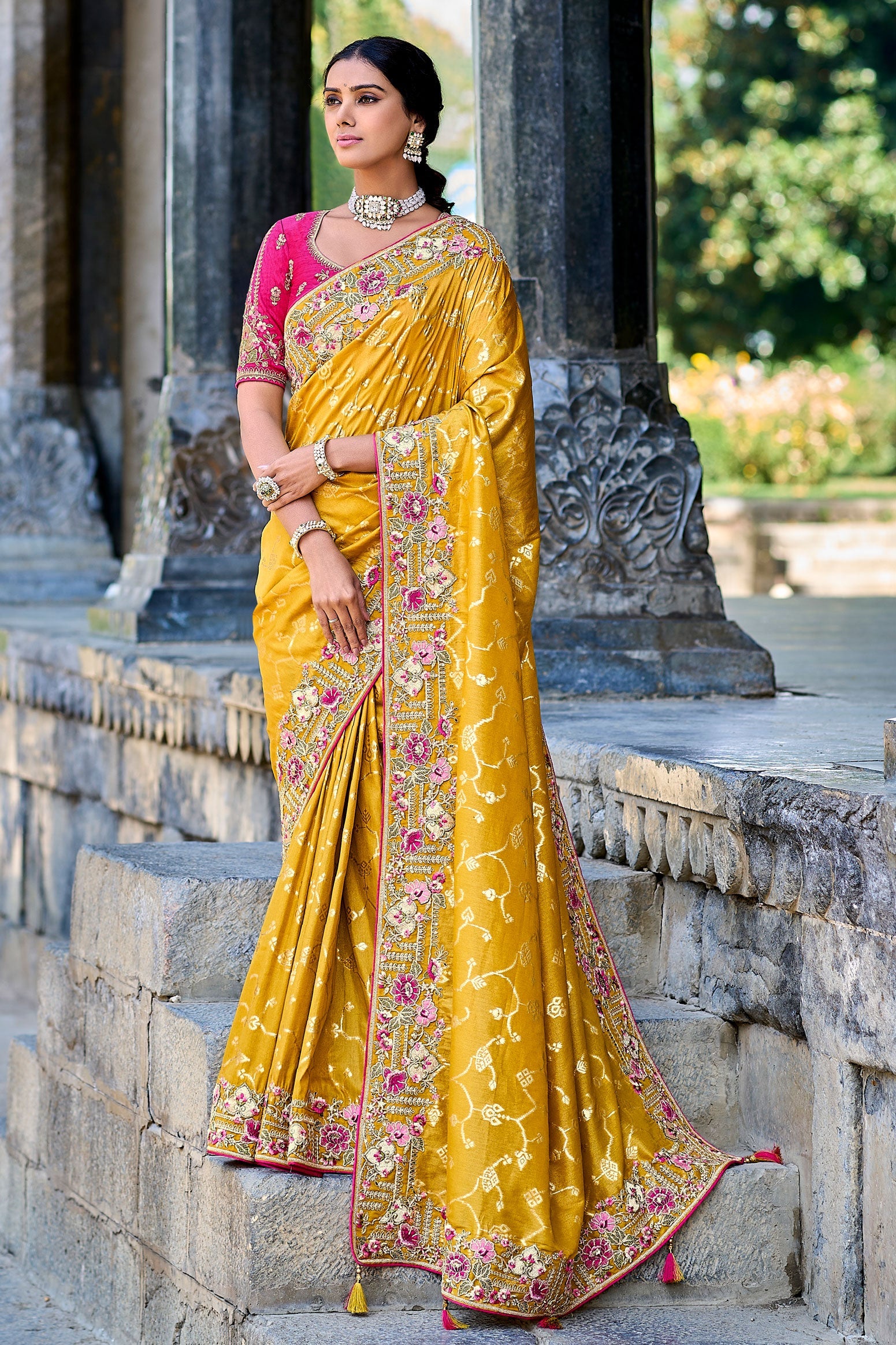 Mustard Yellow Embroidered Banarasi Saree-ZB131850_1