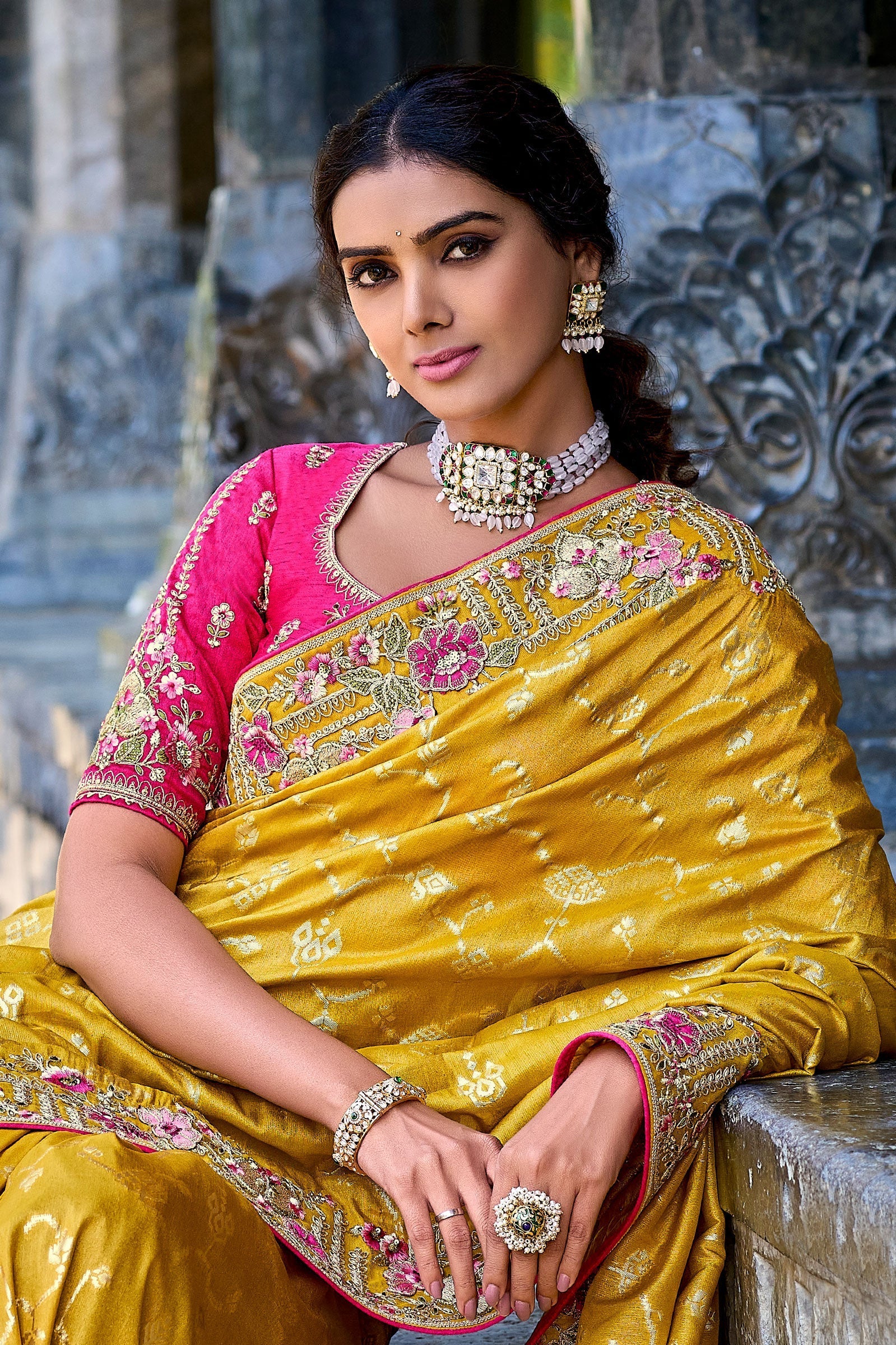 mustard-yellow-embroidered-banarasi-saree-zb131850_2_SareeButa.com