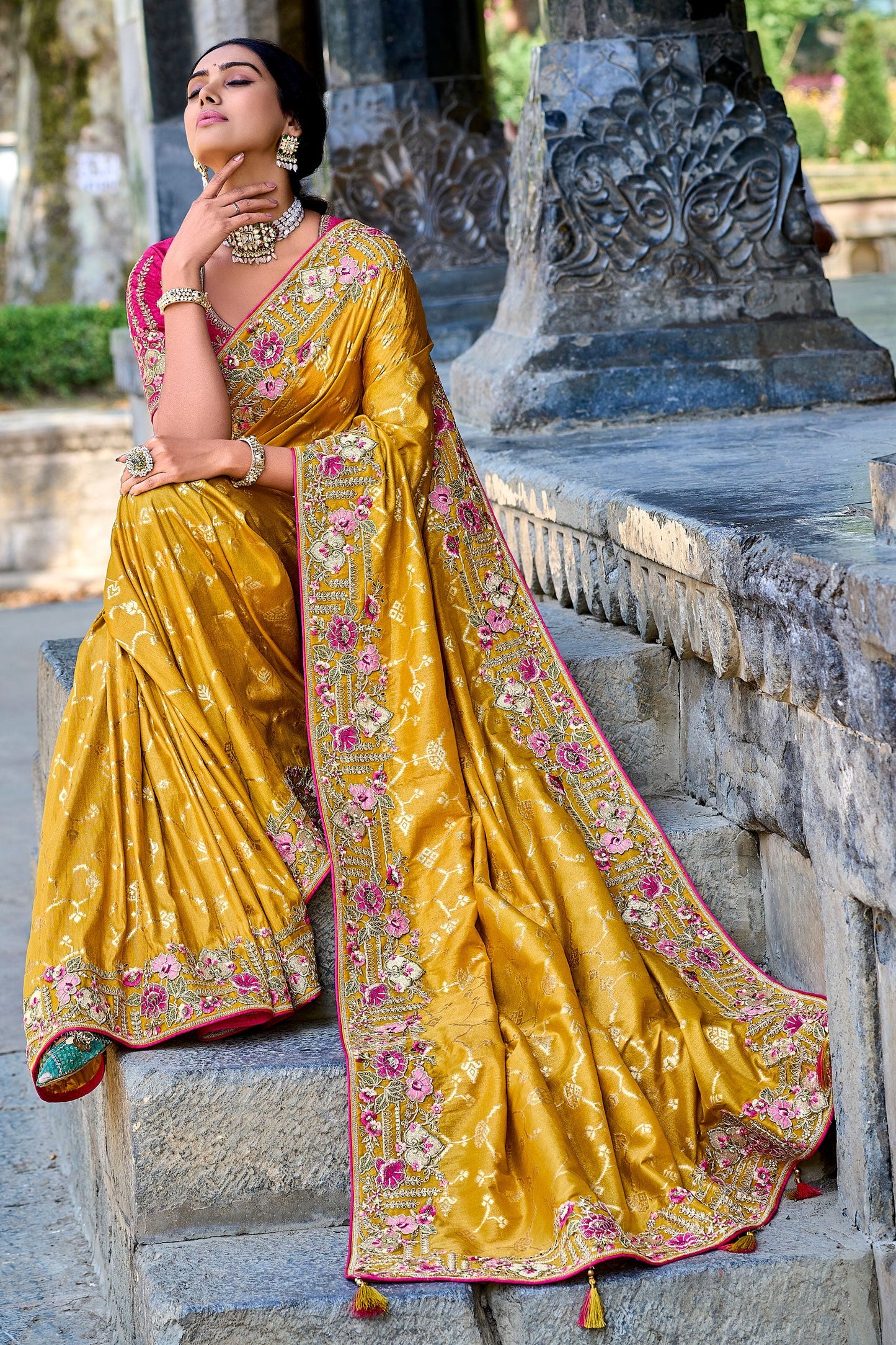 Mustard Yellow Embroidered Banarasi Saree-ZB131850_3