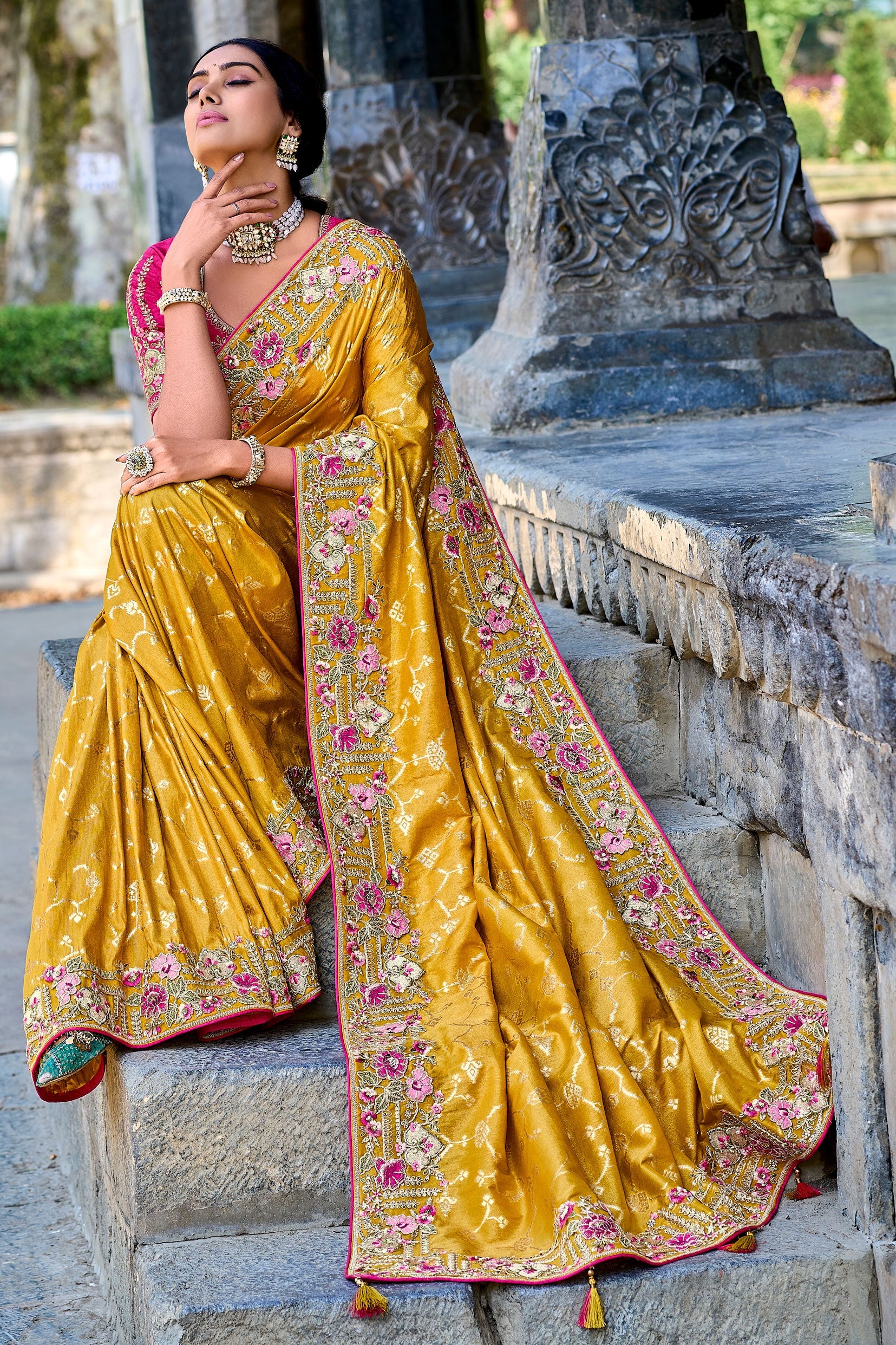 Mustard Yellow Embroidered Banarasi Saree-ZB131850_3