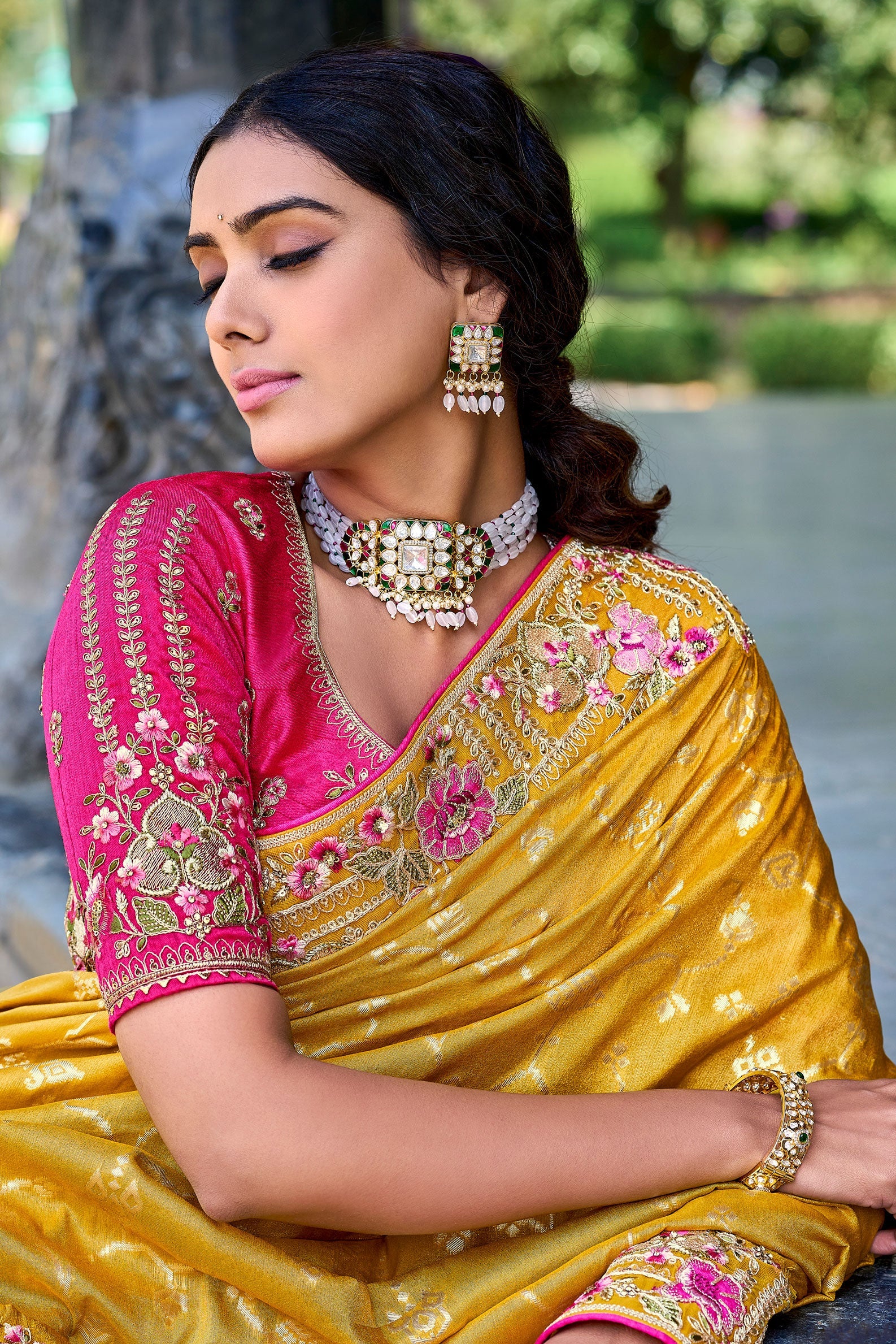 Mustard Yellow Embroidered Banarasi Saree-ZB131850_4