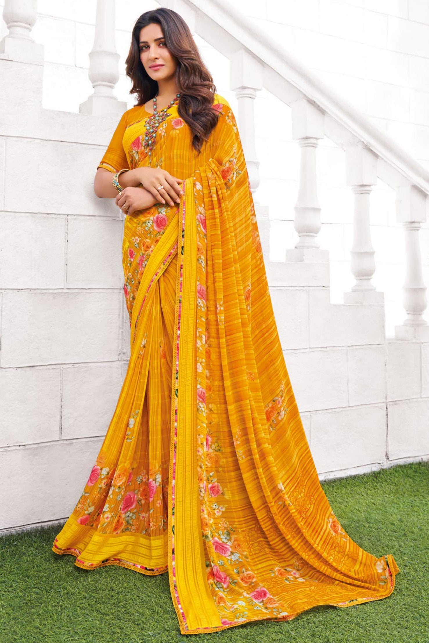 Mustard Yellow Printed Georgette Saree-ZB133237_1_SareeButa.com