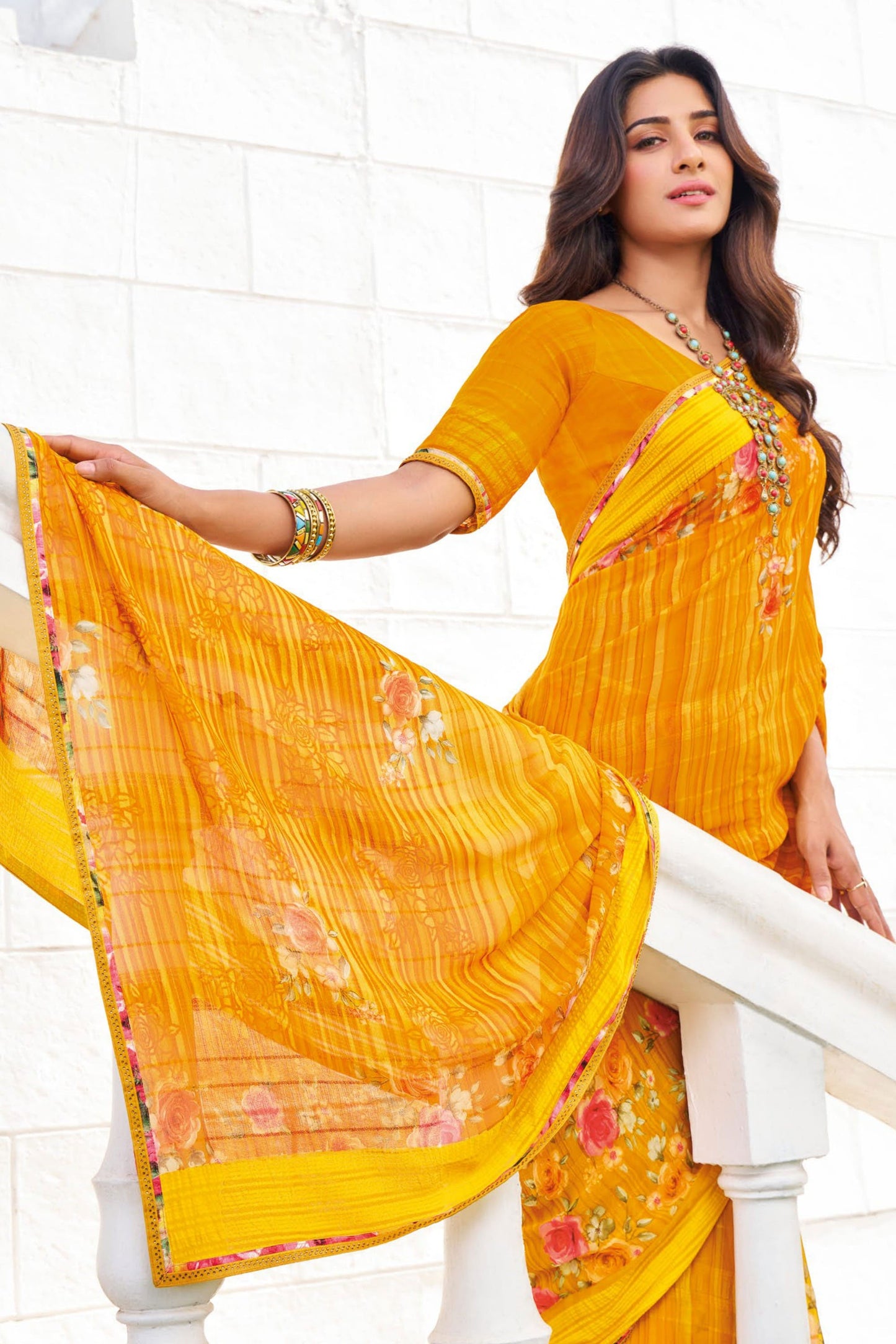 Mustard Yellow Printed Georgette Saree-ZB133237_2_SareeButa.com