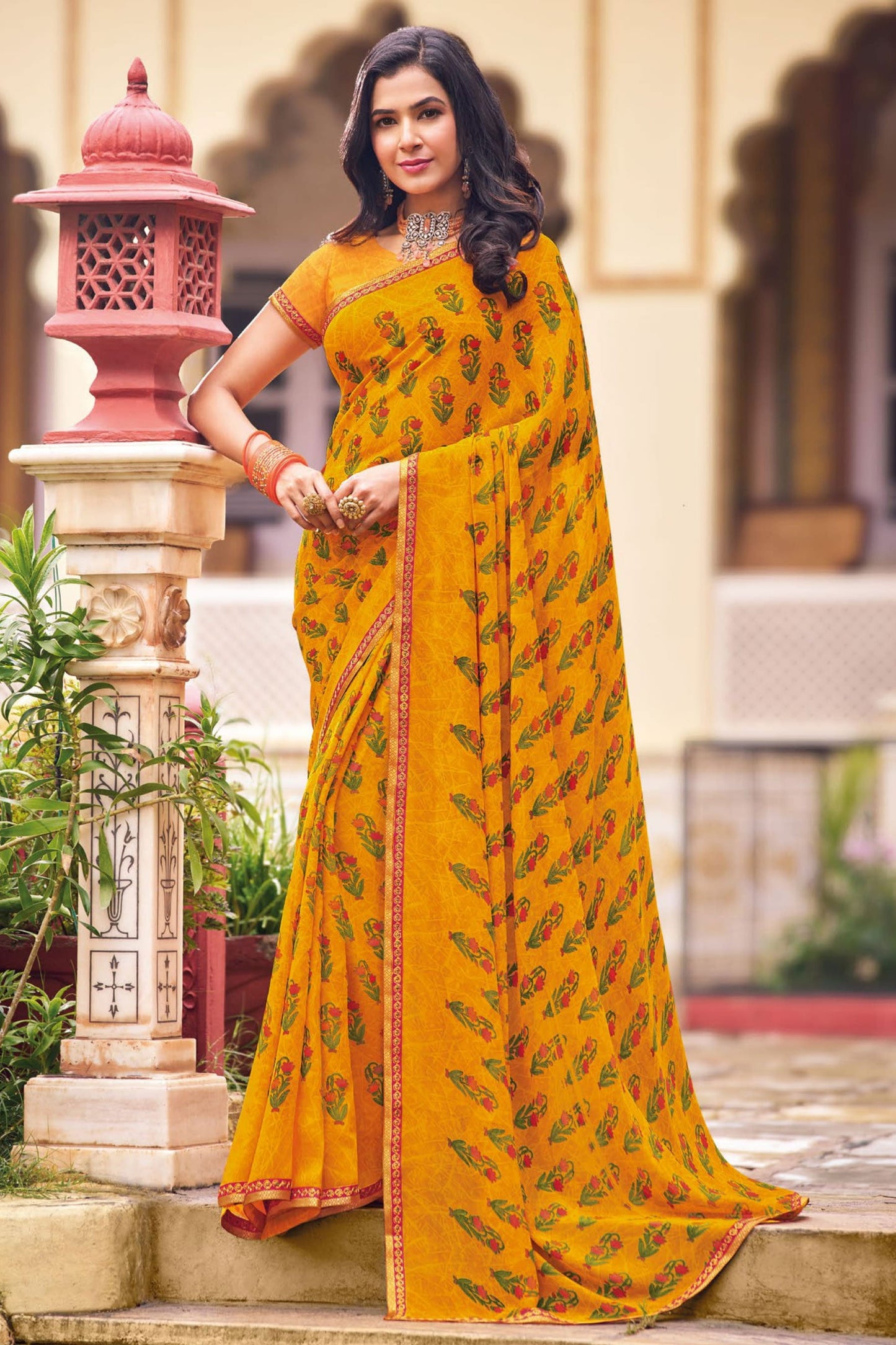 Mustard Yellow Printed Georgette Saree-ZB133255_1_SareeButa.com