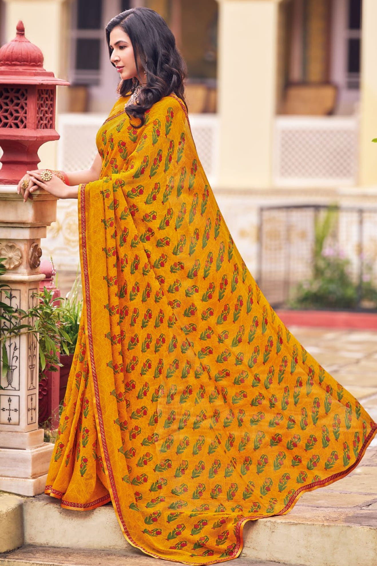 Mustard Yellow Printed Georgette Saree-ZB133255_3_SareeButa.com