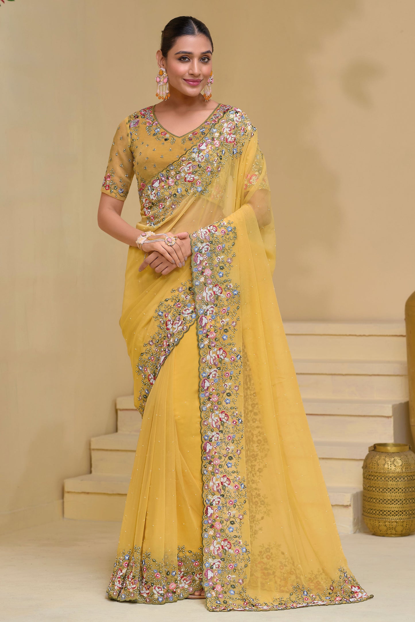 Mustard Yellow Pure Banarasi Tuscany Saree-ZB132777_1