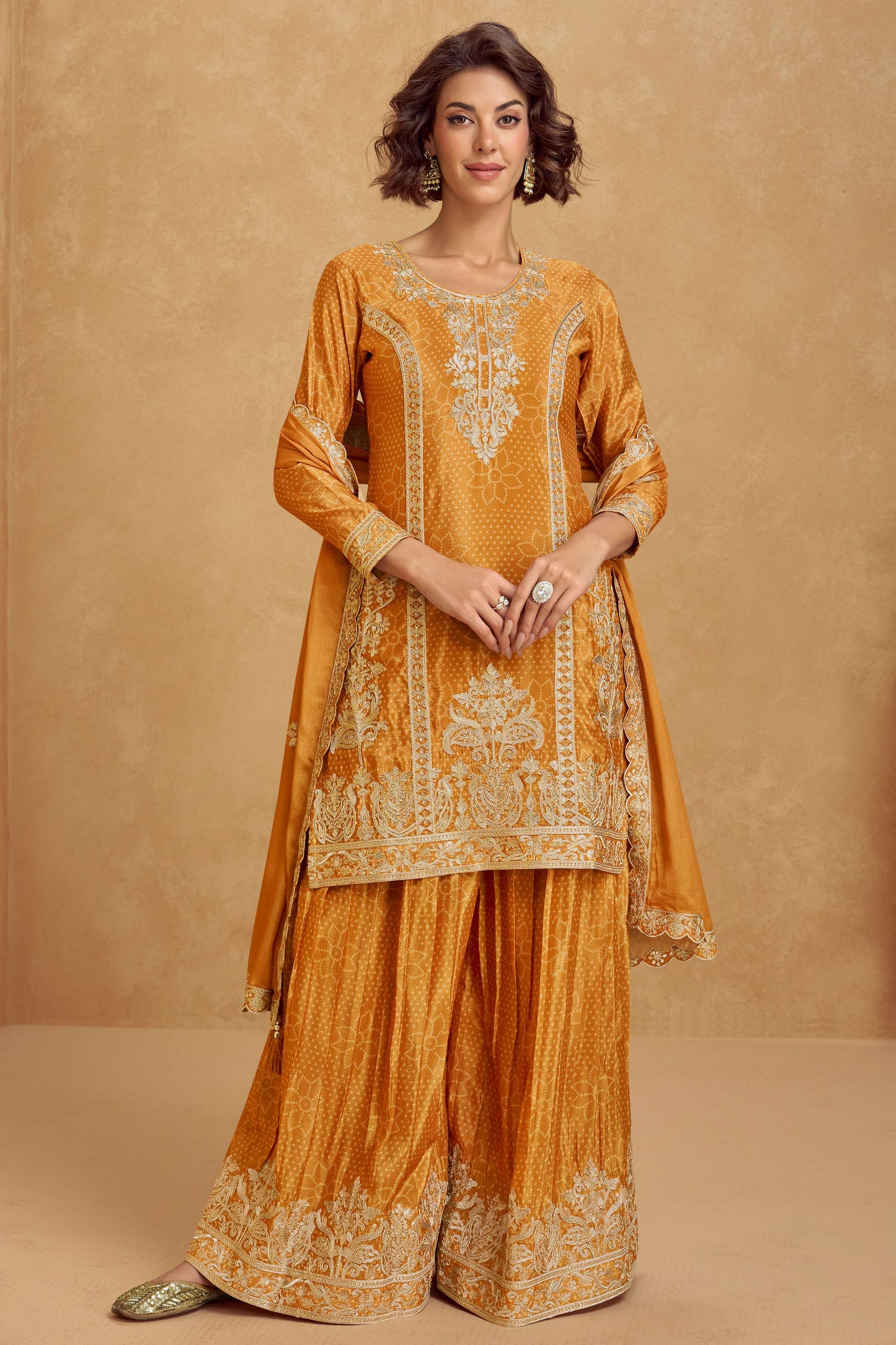 Mustard Yellow Readymade Embroidered Chinon Silk Suit-SS246_1_SareeButa.com