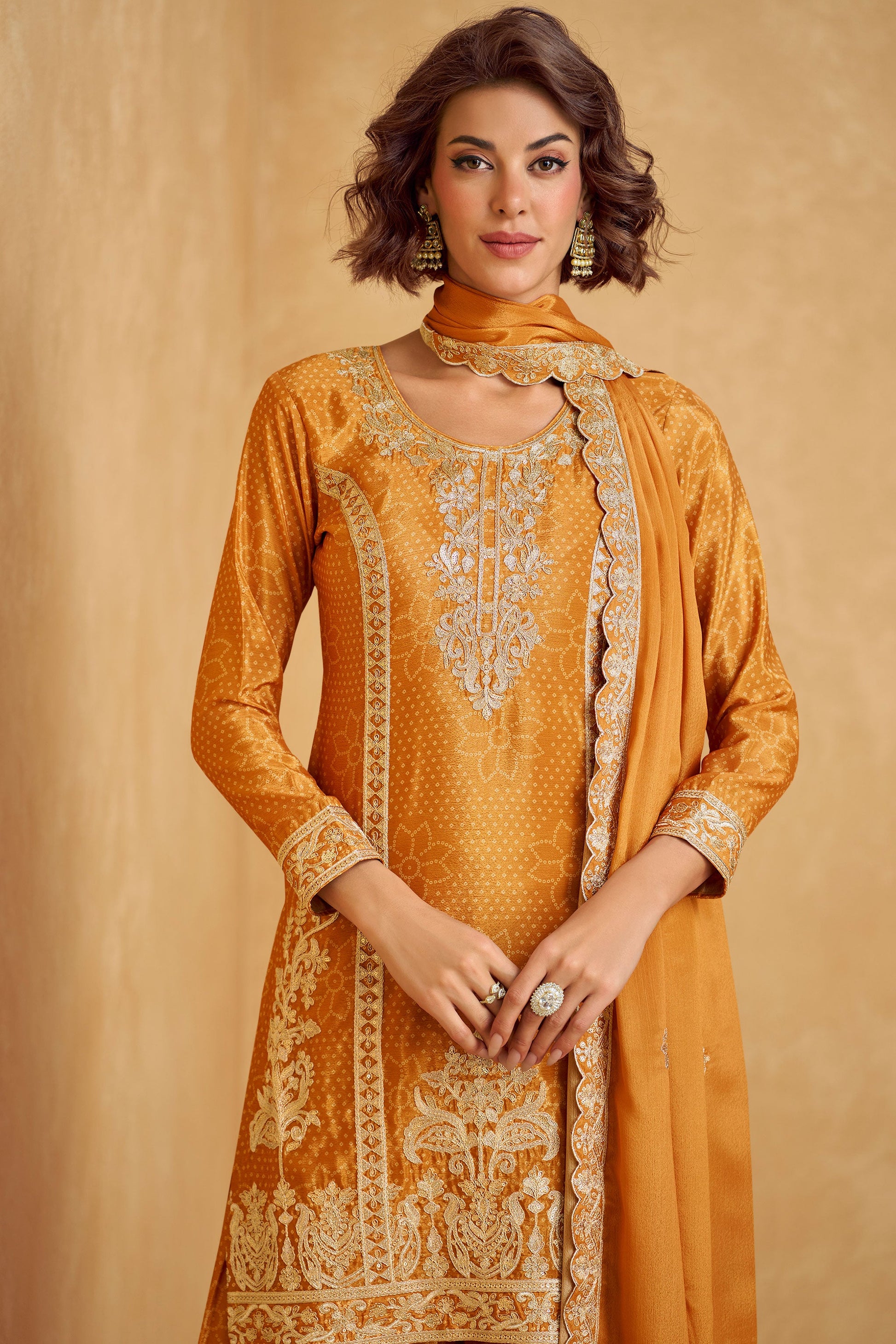 Mustard Yellow Readymade Embroidered Chinon Silk Suit-SS246_2_SareeButa.com