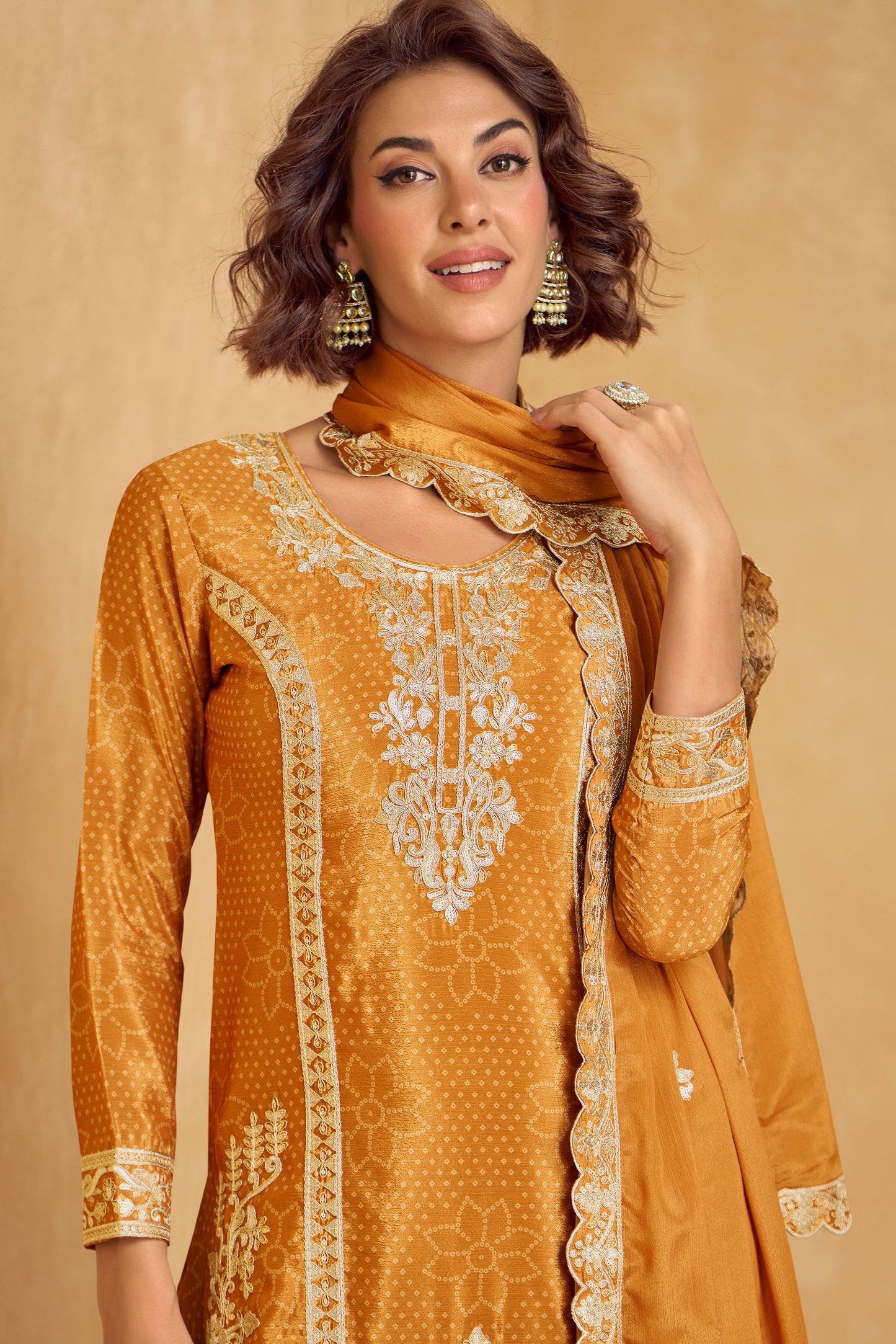 Mustard Yellow Readymade Embroidered Chinon Silk Suit-SS246_3_SareeButa.com