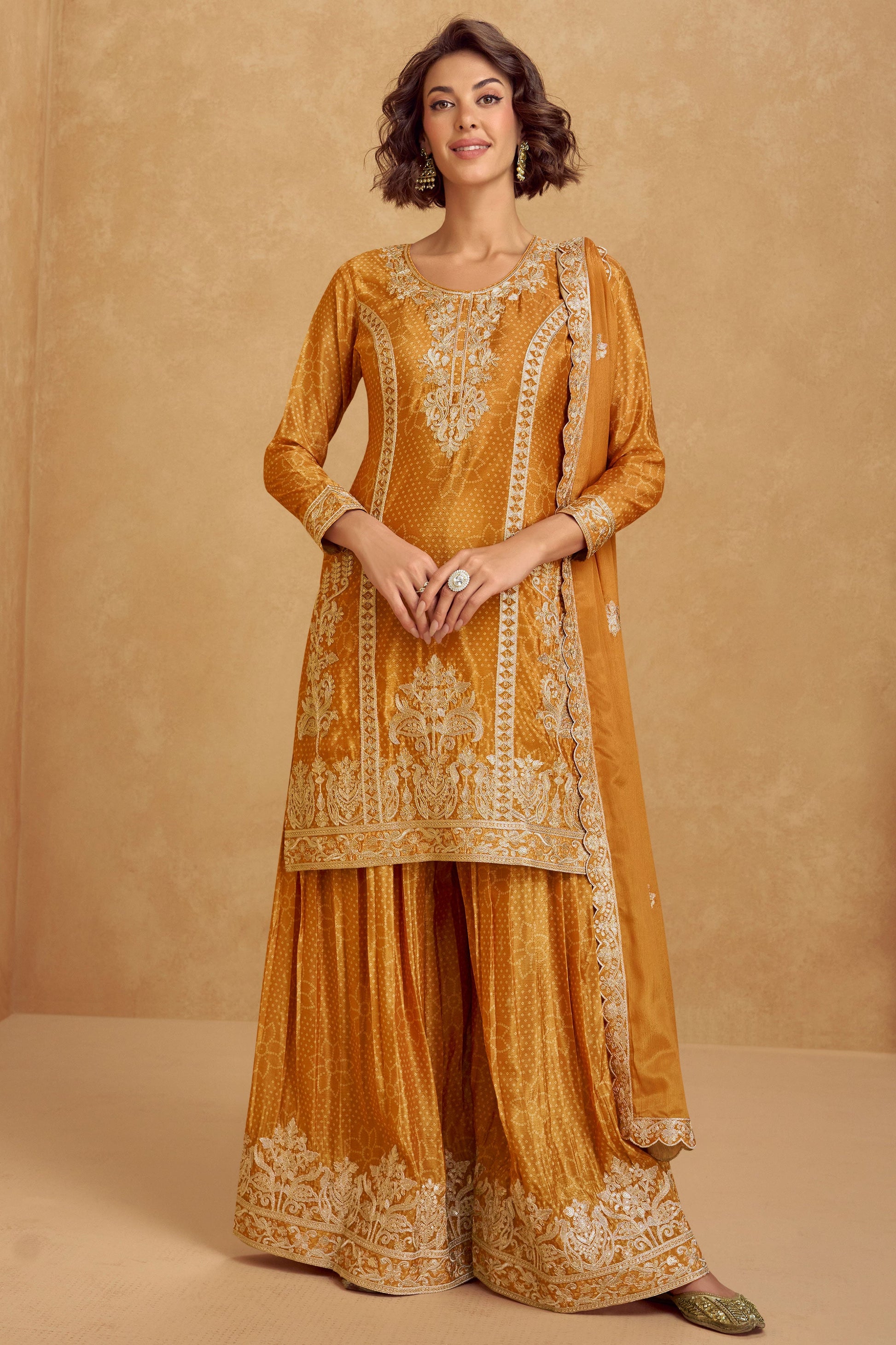 Mustard Yellow Readymade Embroidered Chinon Silk Suit-SS246_4_SareeButa.com