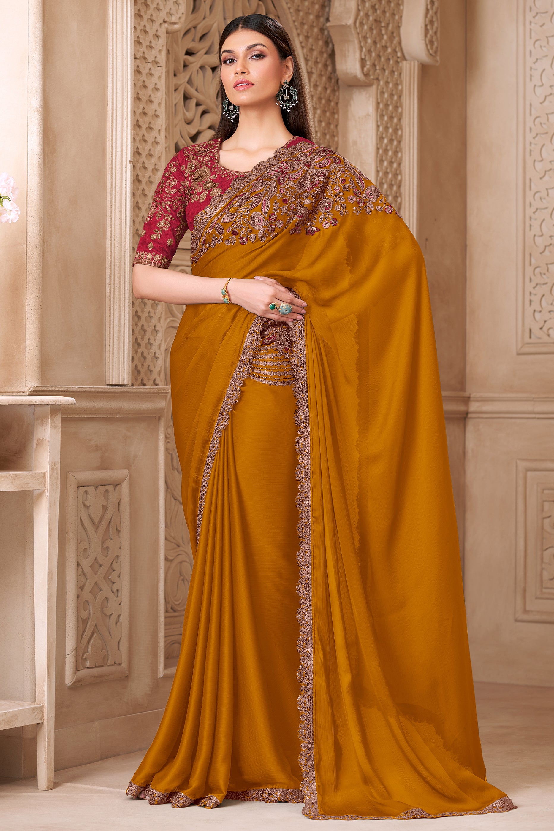 Mustard Embroidered Satin Silk Saree-SAR12455_1_SareeButa.com