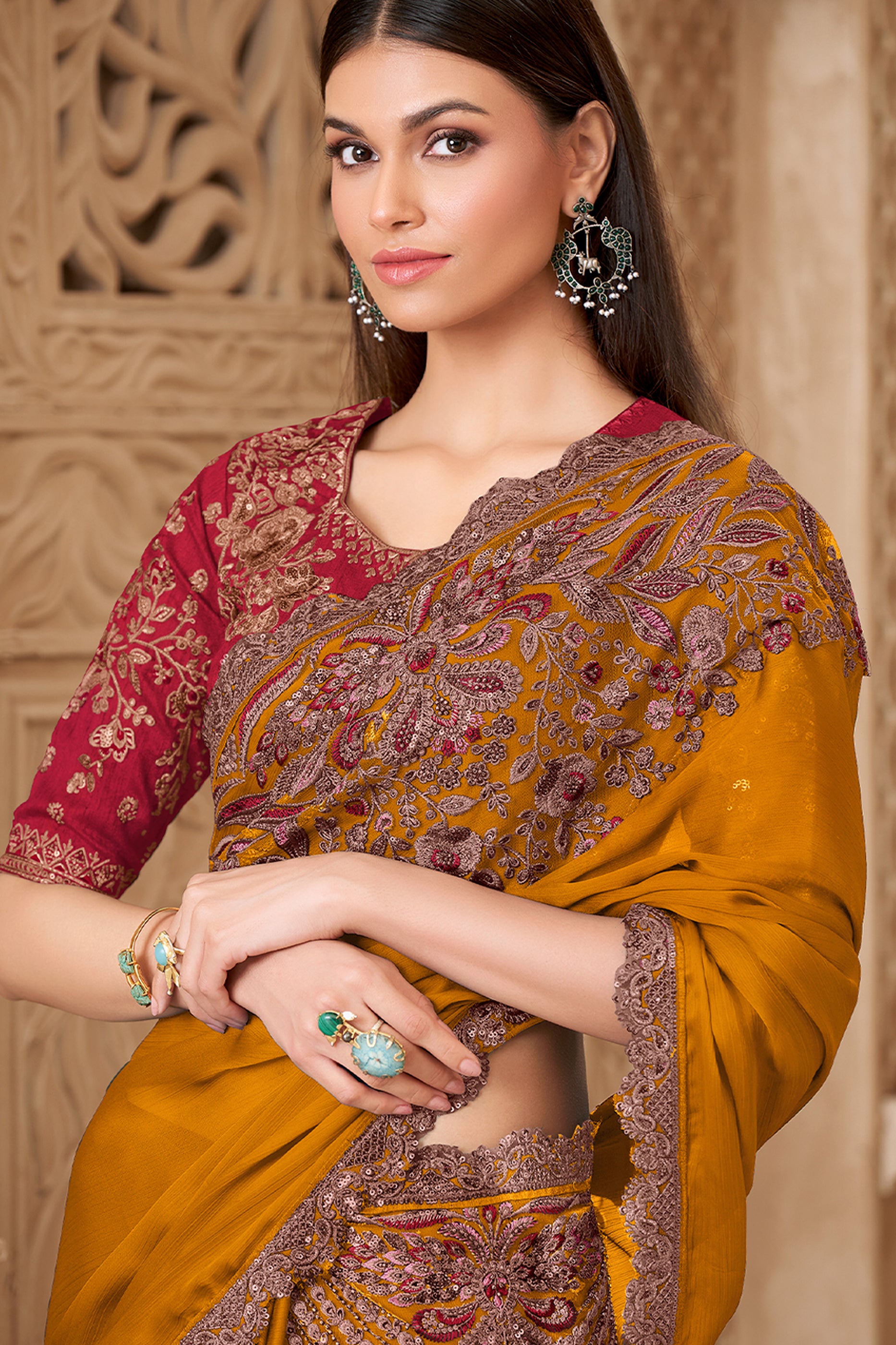 Mustard Embroidered Satin Silk Saree-SAR12455_3_SareeButa.com