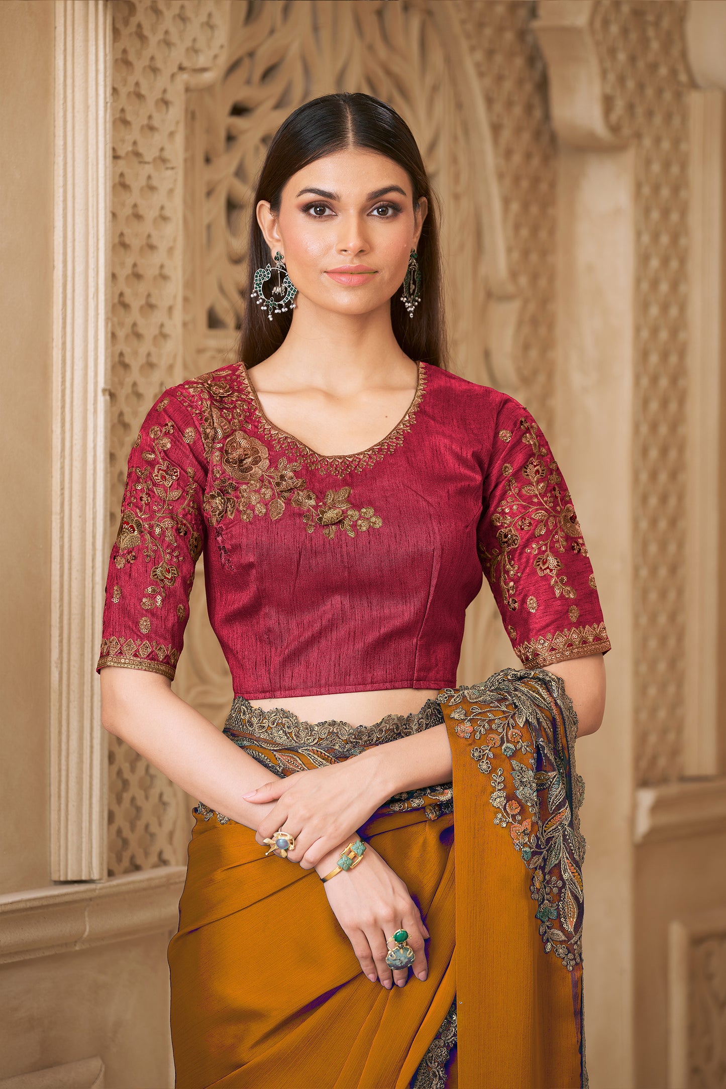 Mustard Embroidered Satin Silk Saree-SAR12455_4_SareeButa.com