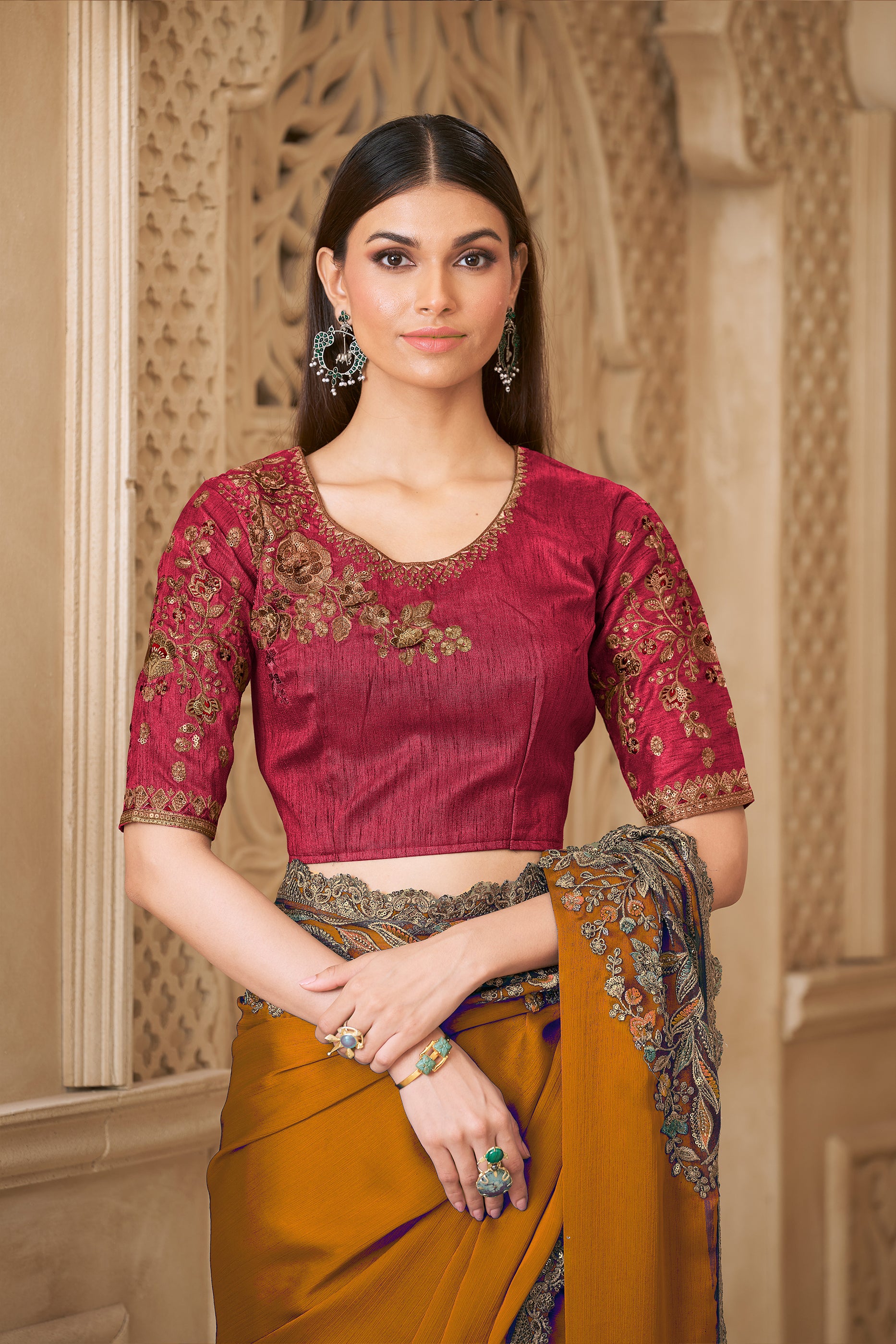 Mustard Embroidered Satin Silk Saree-SAR12455_4_SareeButa.com
