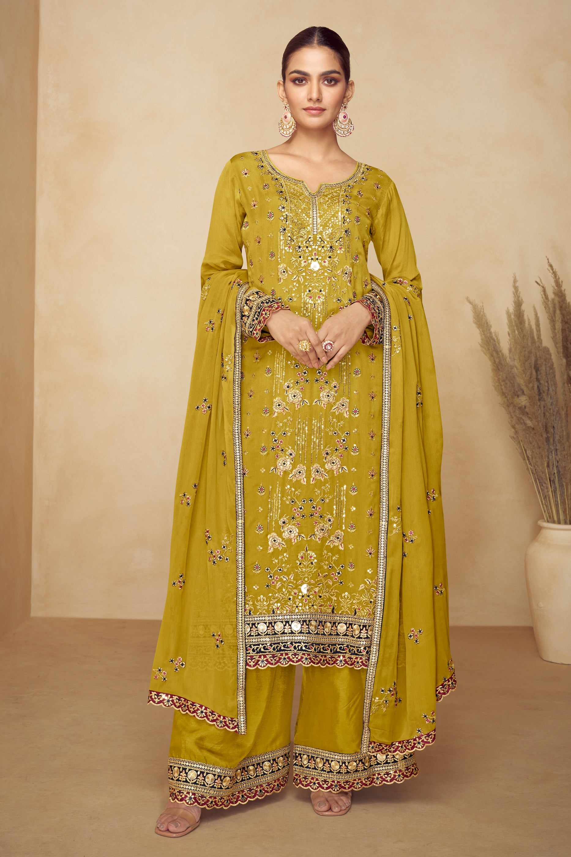 Mustard Readymade Embroidered Chinon Suit-SAR10491_1_SareeButa.com