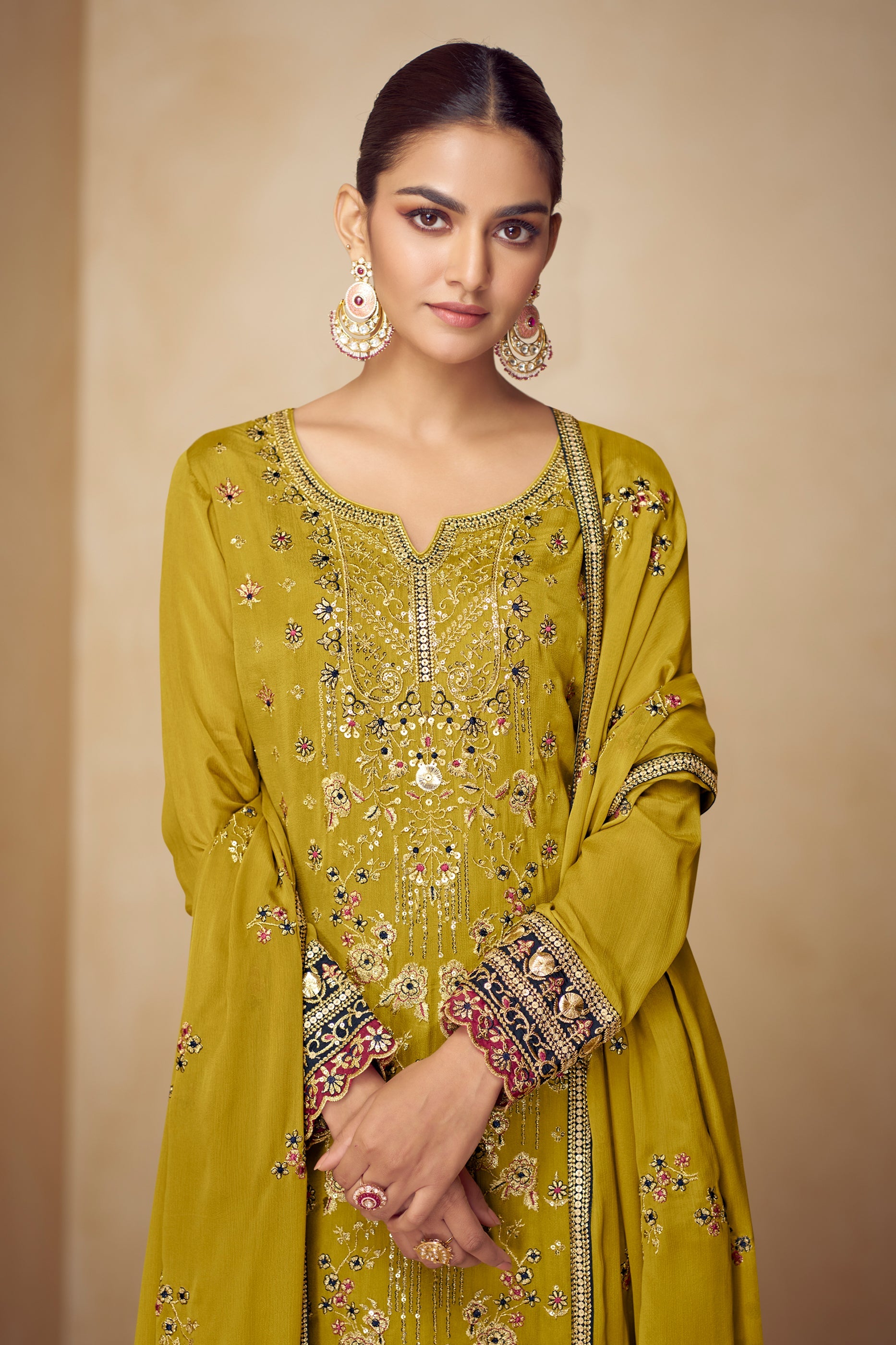Mustard Readymade Embroidered Chinon Suit-SAR10491_2_SareeButa.com