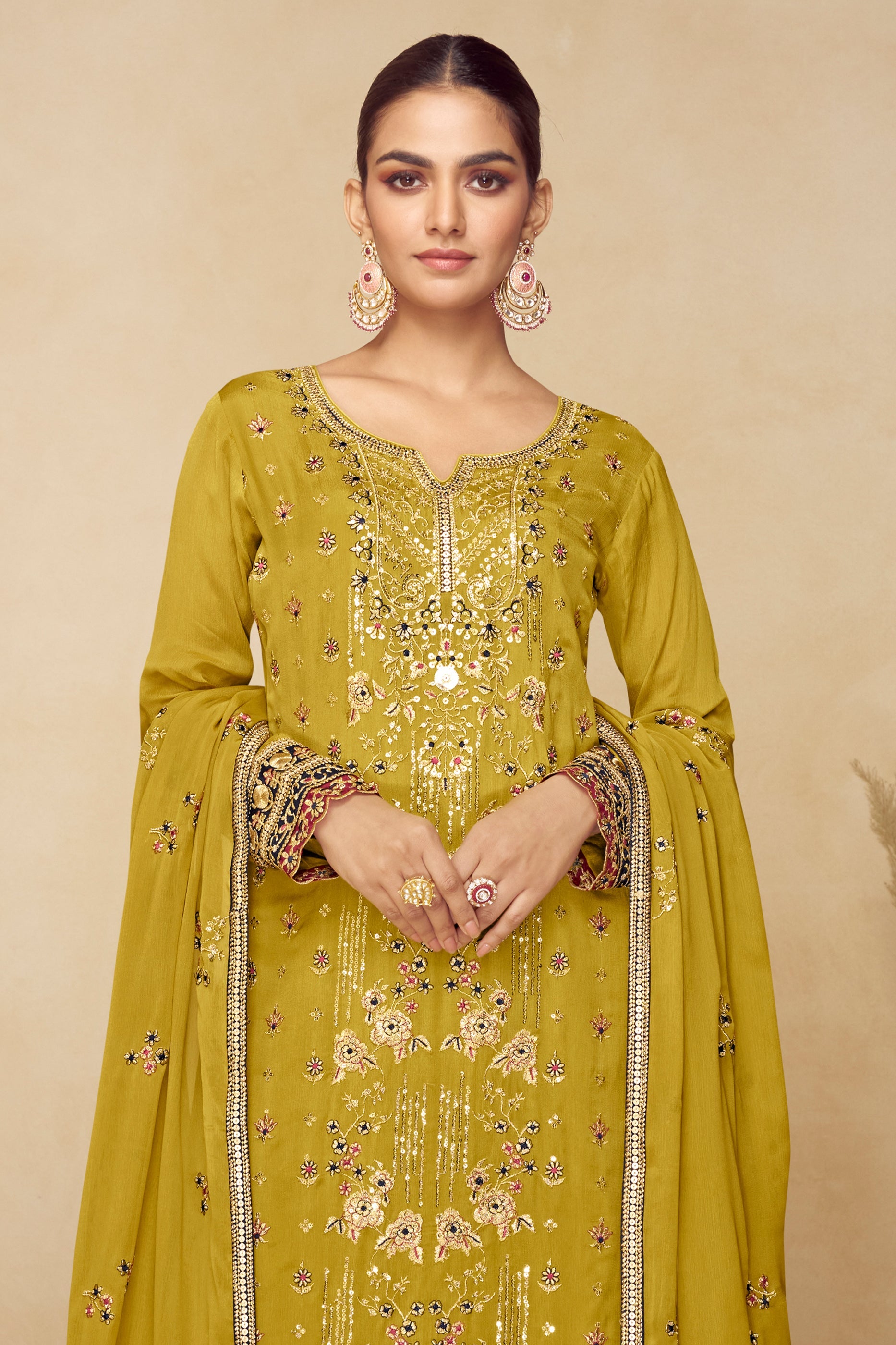 Mustard Readymade Embroidered Chinon Suit-SAR10491_3_SareeButa.com
