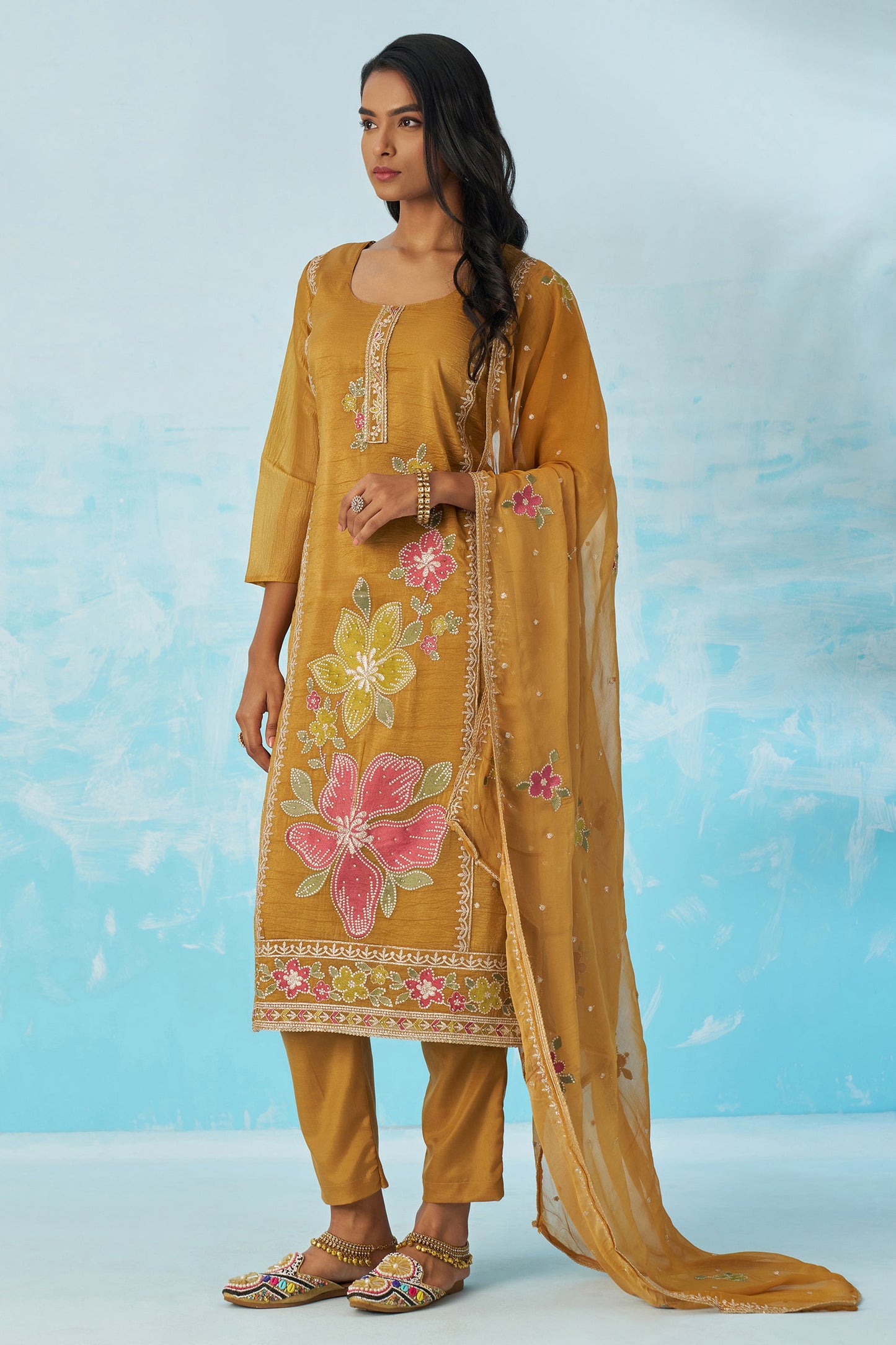 Mustard Readymade Embroidered Silk Suit-SAR11647_3_SareeButa.com
