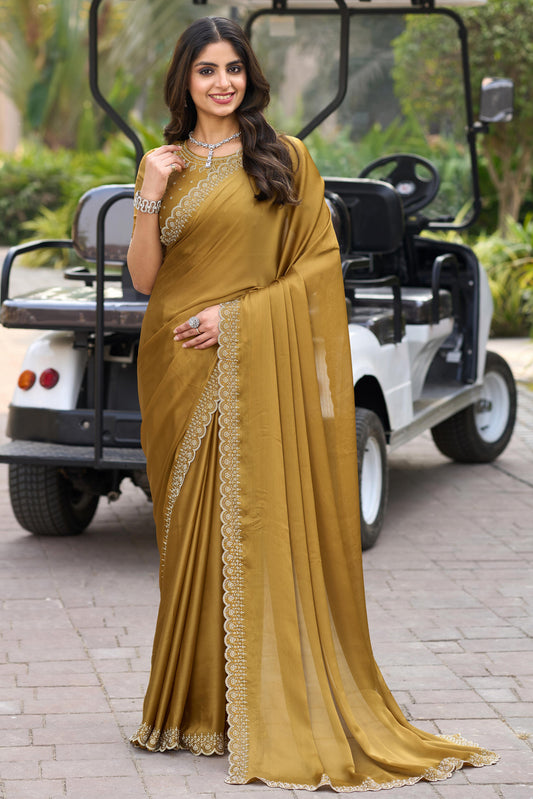 Mustard Stone Work Chiffon Saree-ZB134592_1_SareeButa.com