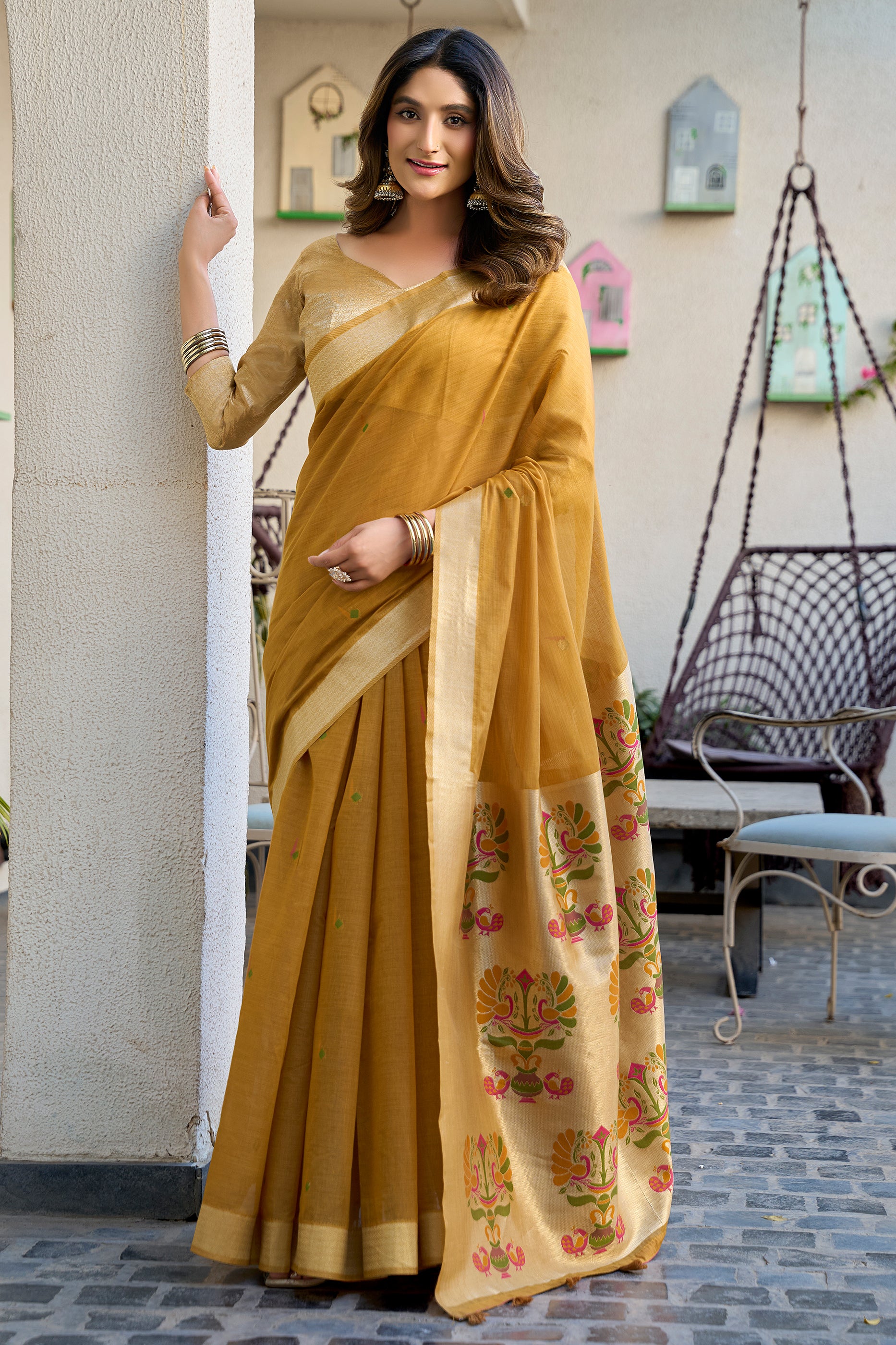 Mustard Woven Cotton Saree with Paithani Pallu-SAR12734_1_SareeButa.com