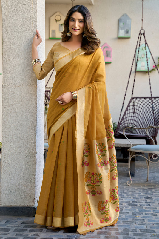 Mustard Woven Cotton Saree with Paithani Pallu-SAR12734_1_SareeButa.com