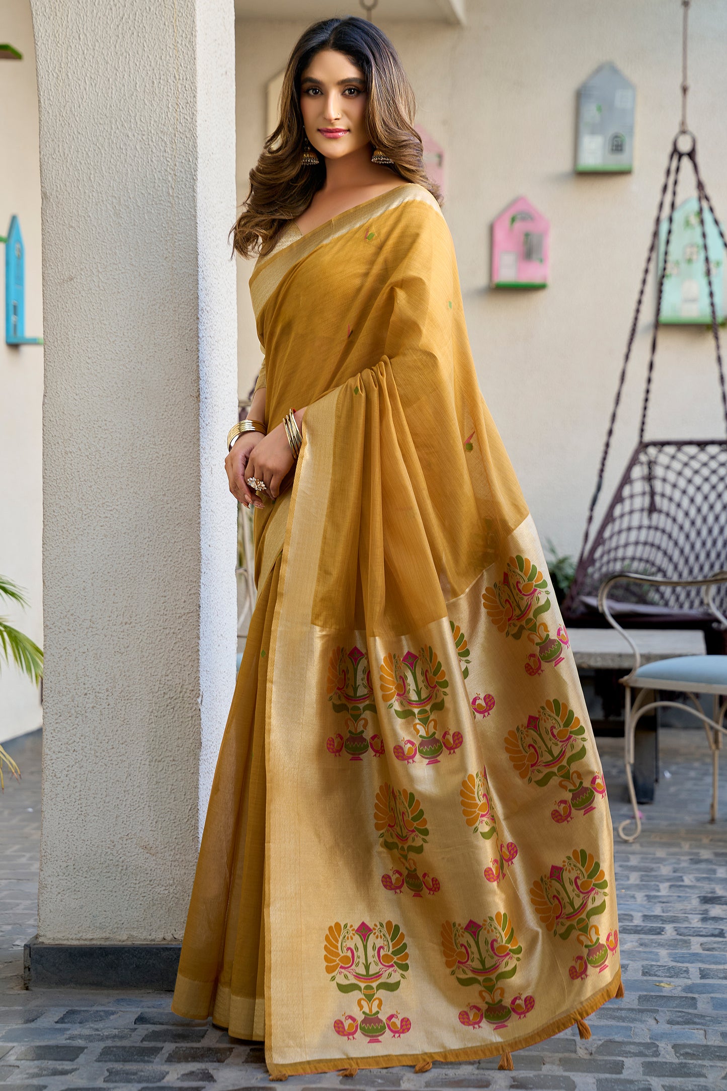 Mustard Woven Cotton Saree with Paithani Pallu-SAR12734_3_SareeButa.com