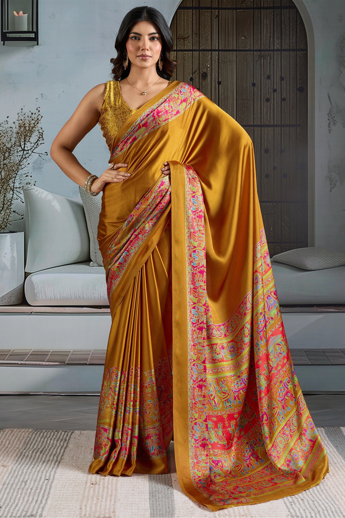 Mustard Yellow Ajrakh Print Satin Saree-SAR11828_1_SareeButa.com
