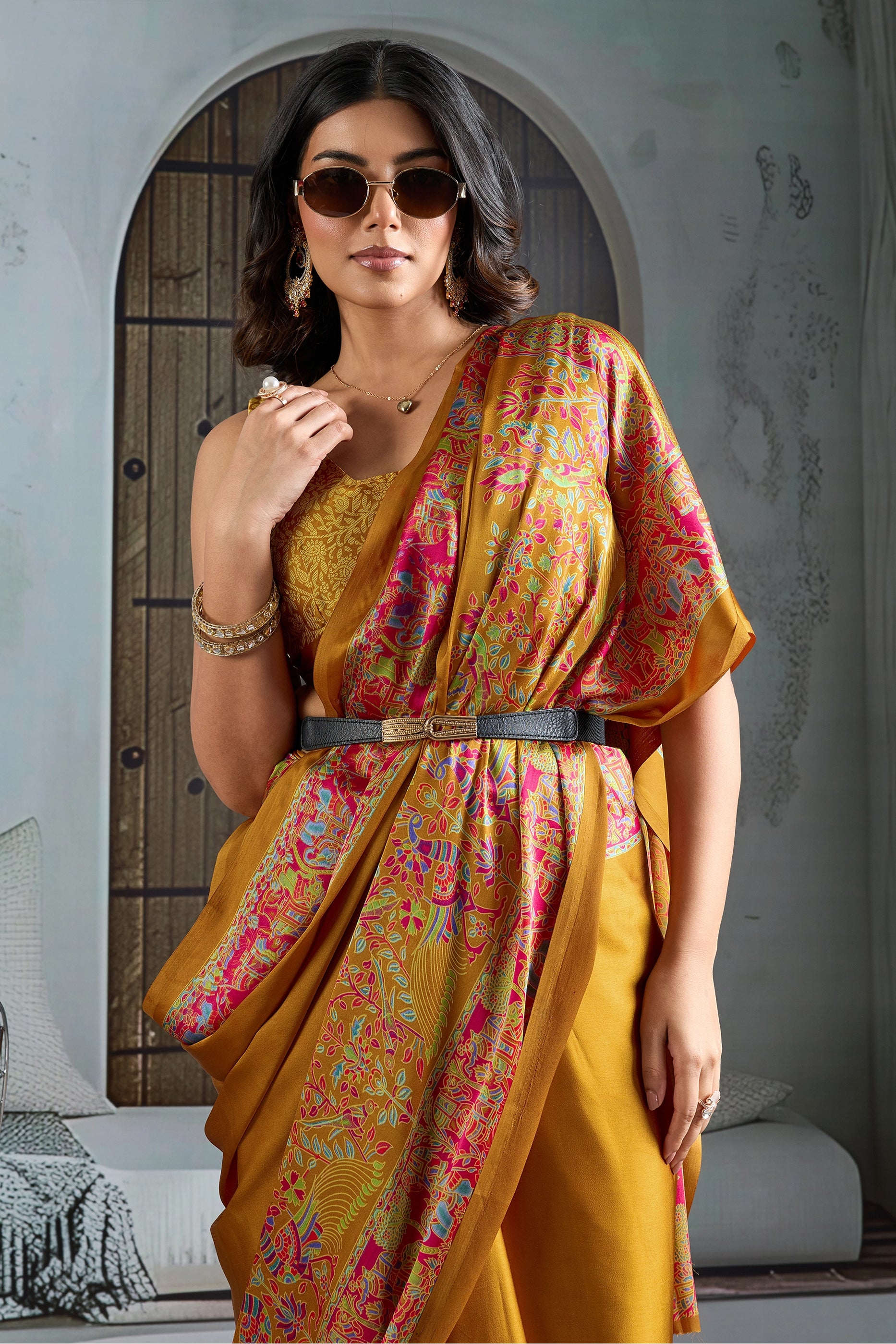 Mustard Yellow Ajrakh Print Satin Saree-SAR11828_2_SareeButa.com