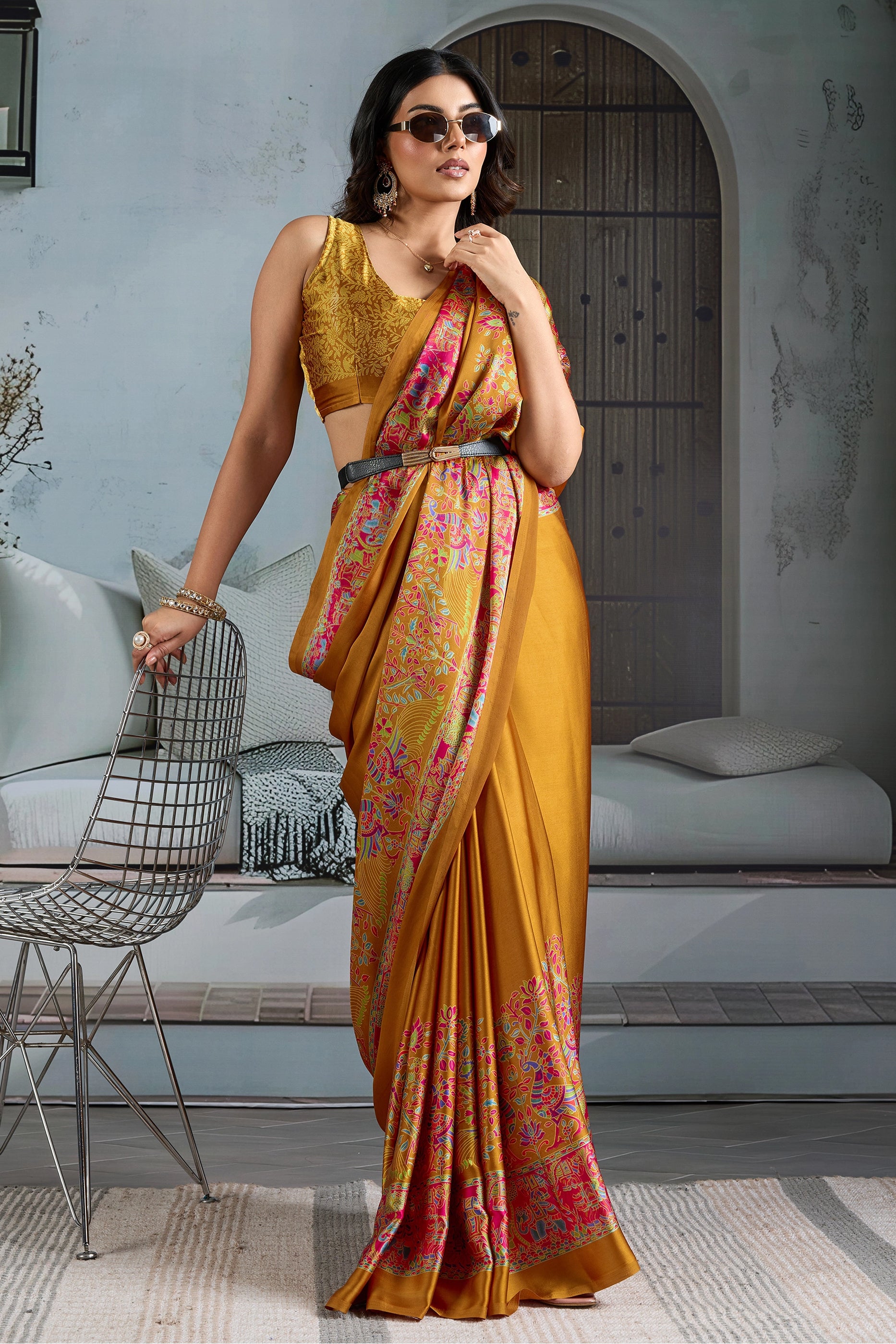 Mustard Yellow Ajrakh Print Satin Saree-SAR11828_3_SareeButa.com