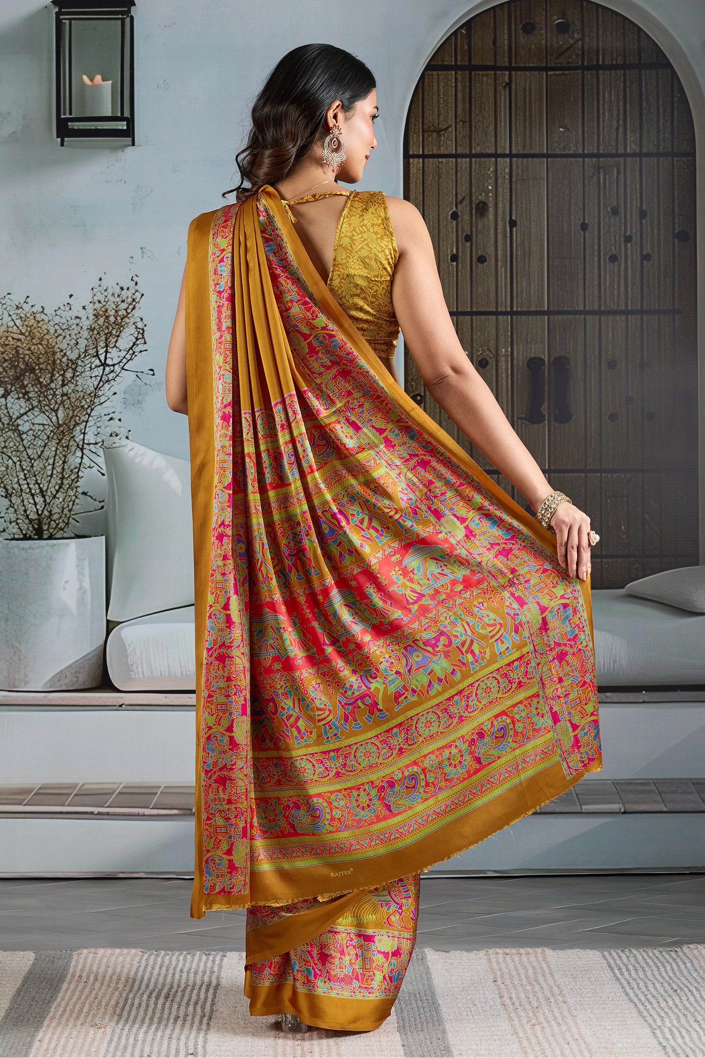 Mustard Yellow Ajrakh Print Satin Saree-SAR11828_4_SareeButa.com